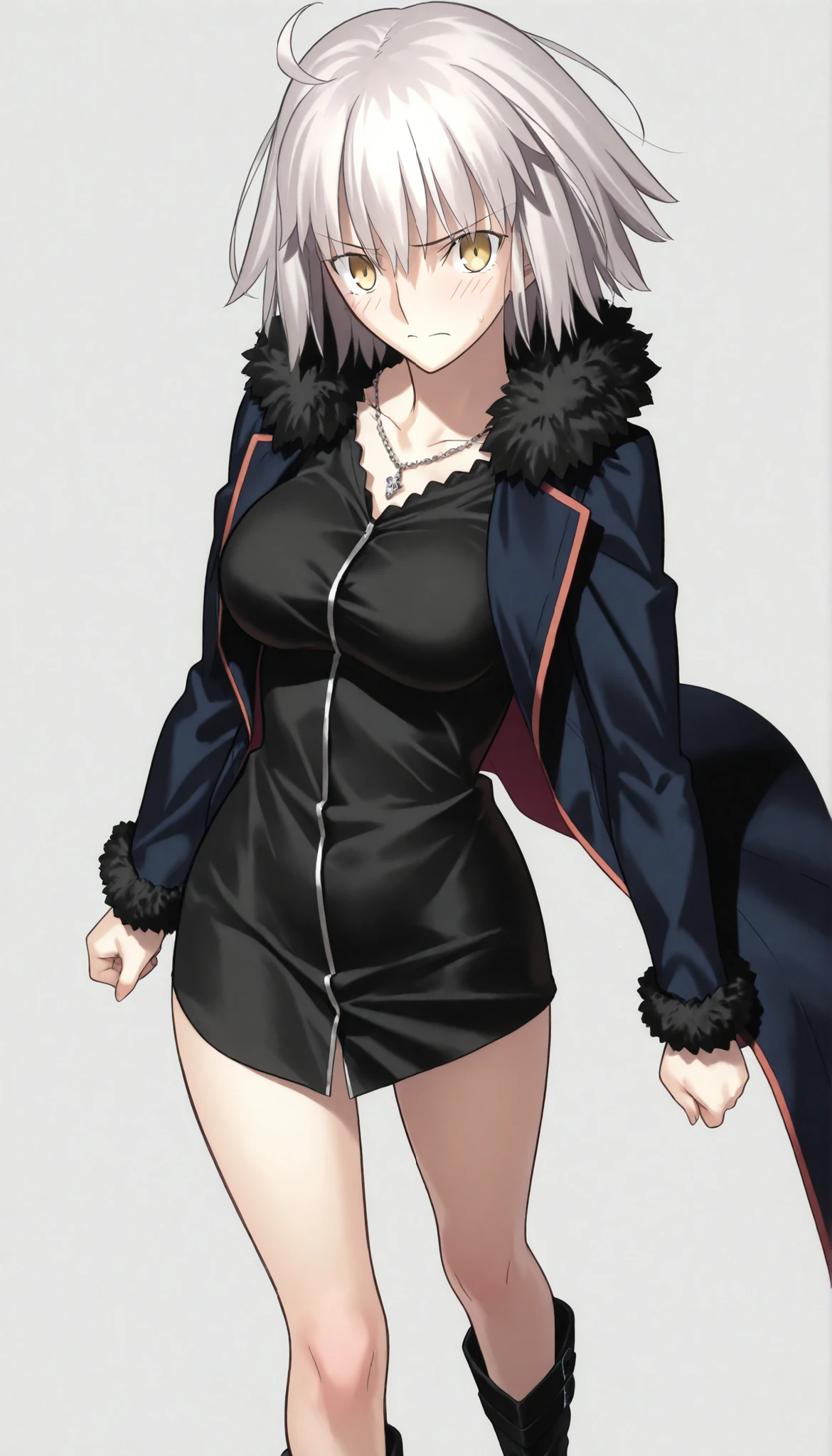 masterpiece, , absurdres, highres, detailed background, high resolution, masterpiece, necessary, detail, best quality, quality, necessary, details, High details, Precise, 8k, ,(white background, simple background ,),cowboy shot ,                                             
                                                                                                                                                                                                                         1girl, ,  (type-moon) style, ,Takeuchi Takashi style, (aged up),(very long legs), yokozuwari,  ,     
   
very tall girl, girl, slim arms ,Jeanne d'arc alter shinjuku, short hair ,yellow eyes, light gray hair, ()high boots, , ,looking at viewer, from above, light embarrassed, , 