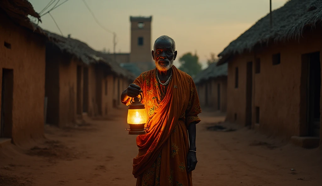 “Old wise African man wearing traditional clothes, holding a lantern at ...