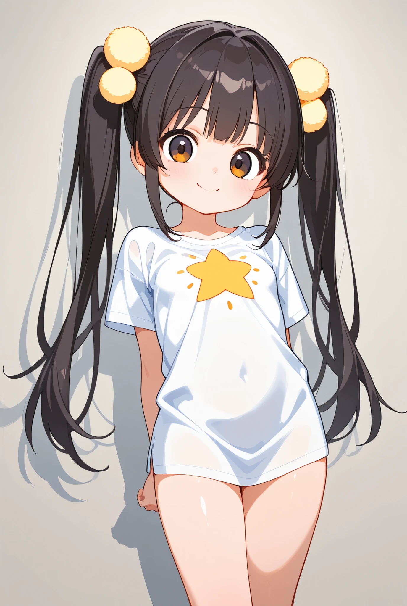 idol beautiful girl, slender body, flat bust, dark hair color,twin tails, big eyes, Twinkle Twinkle Hitomi, Smile Yan, naked shirt, Cheerful pose