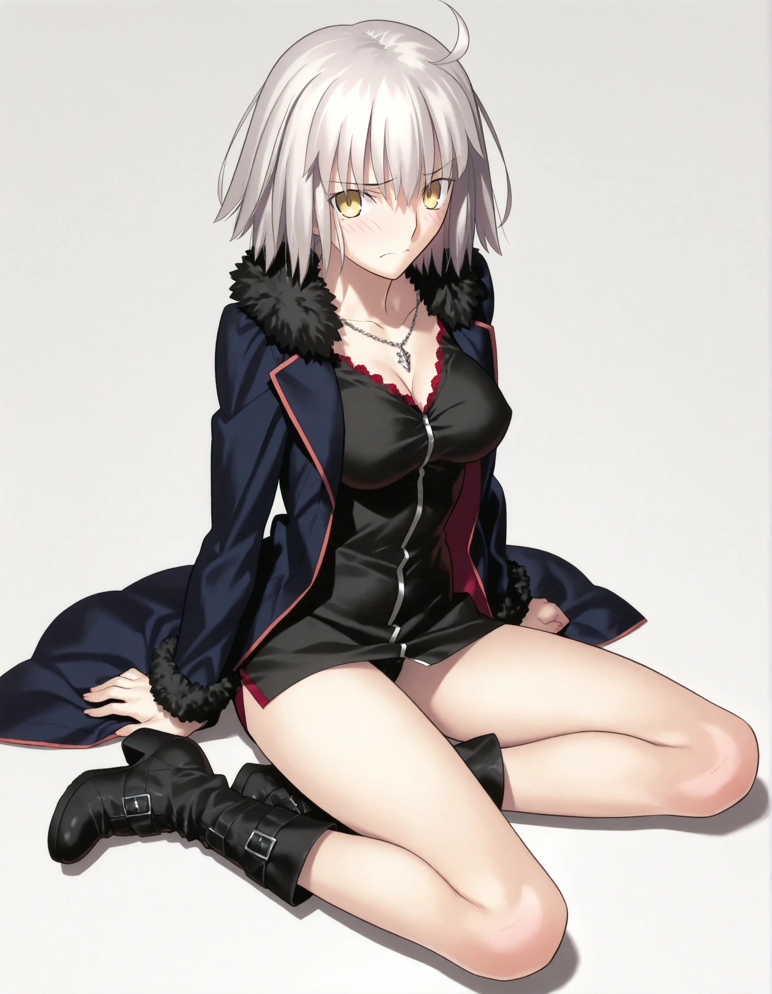 masterpiece, , absurdres, highres, detailed background, high resolution, masterpiece, necessary, detail, best quality, quality, necessary, details, High details, Precise, 8k, ,(white background, simple background ,), shot ,
1girl, , (type-moon) style, ,Takeuchi Takashi style, (aged up),(very long legs), (sitting ,yokozuwari), ,
very tall girl, girl, slim arms ,Jeanne d'arc alter shinjuku, short hair ,yellow eyes, light gray hair, ()high boots, , ,looking at viewer, from above, light embarrassed, ,