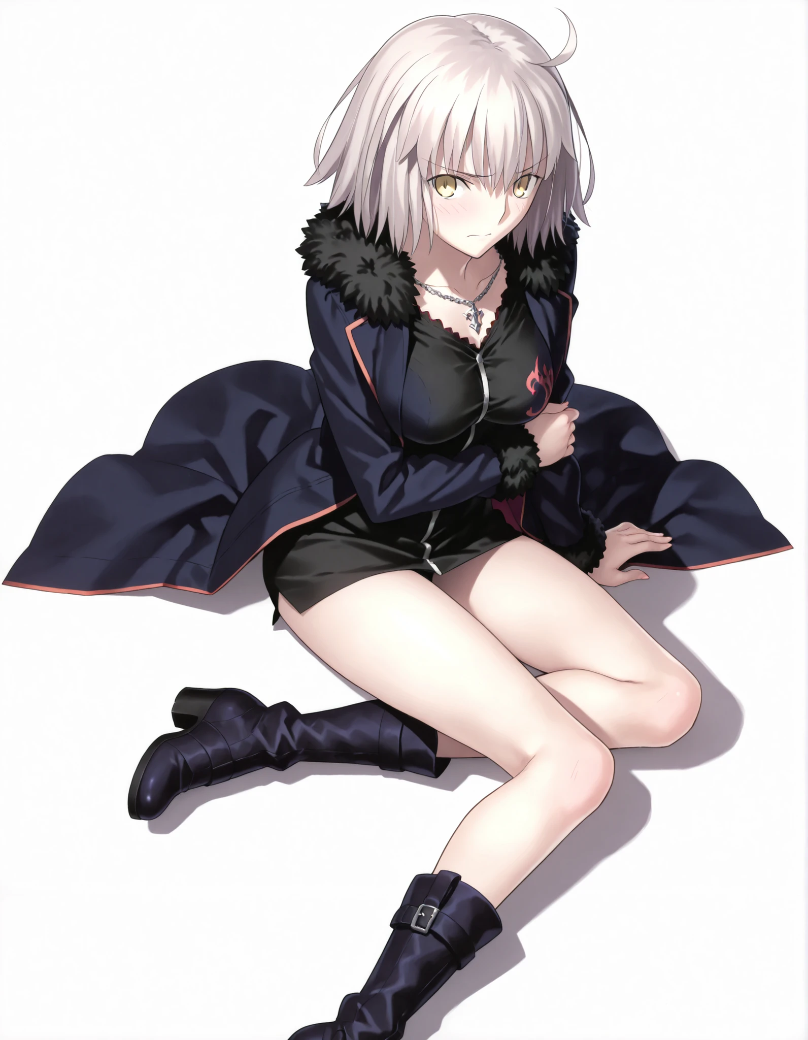 masterpiece, , absurdres, highres, detailed background, high resolution, masterpiece, necessary, detail, best quality, quality, necessary, details, High details, Precise, 8k, ,(white background, simple background ,), shot ,
1girl, , (type-moon) style, ,Takeuchi Takashi style, (aged up),(very long legs), (sitting ,yokozuwari), hold own arm ,
very tall girl, girl, slim arms ,Jeanne d'arc alter shinjuku, short hair ,yellow eyes, light gray hair, ()high boots, , ,looking at viewer, from above, light embarrassed, ,