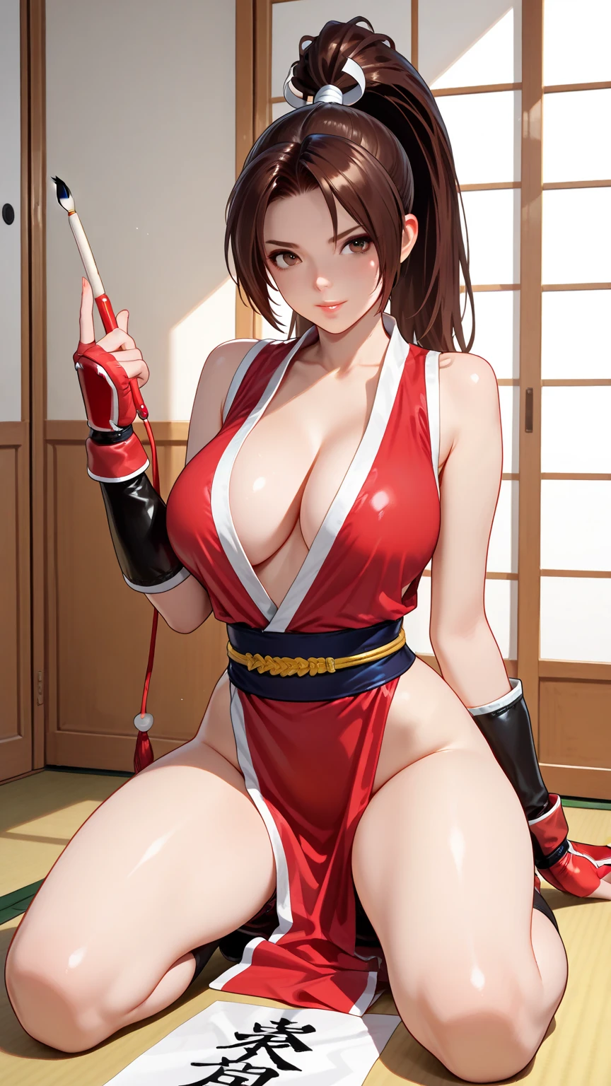 score_9, score_8_up, score_7_up, score_6_up, source_cartoon, BREAK masterpiece PonyShiranui, revealing clothes, japanese clothes, cleavage, on knees, hand on own chest, seductive smile, 1 girl, masterpiece, best quality, large breasts, japanese house, tatami, tokonoma, looking at viewer, 