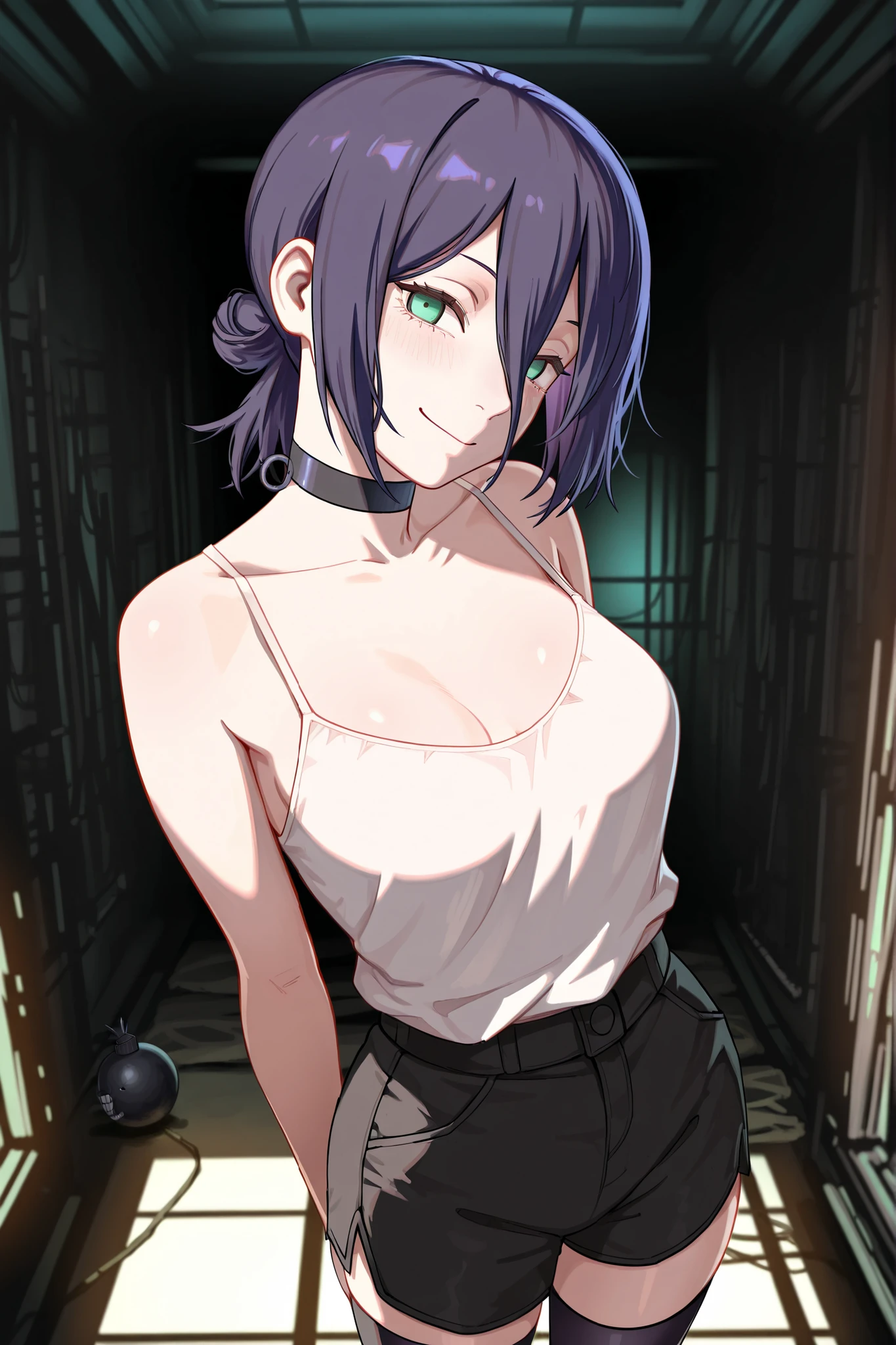 reze, chainsaw man, bomb girl, navy hair, green eyes, choker, white blouse, black shorts, thigh-highs,medium , focus breasts,smile,arms behind,in dark room,masterpiece,Highest Quality,Very Detailed,Ultra High Definition,8k,4k,simple back ground,beautiful eyes,catchlight,