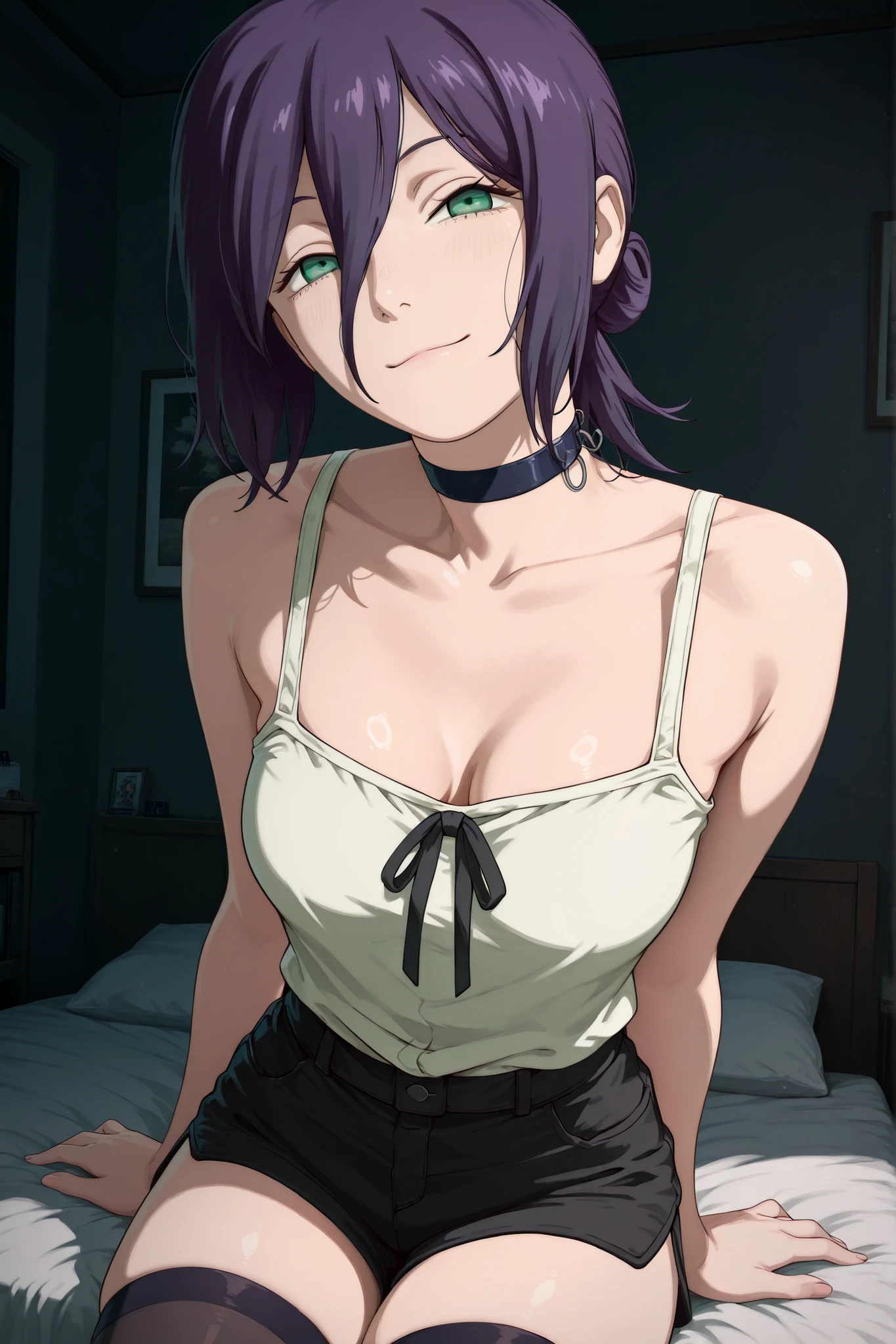 reze, chainsaw man, bomb girl, navy hair, green eyes, choker, white blouse, black shorts, thigh-highs,medium , focus breasts,smile,arms behind,in dark room,masterpiece,Highest Quality,Very Detailed,Ultra High Definition,8k,4k,simple back ground,beautiful eyes,catchlight,