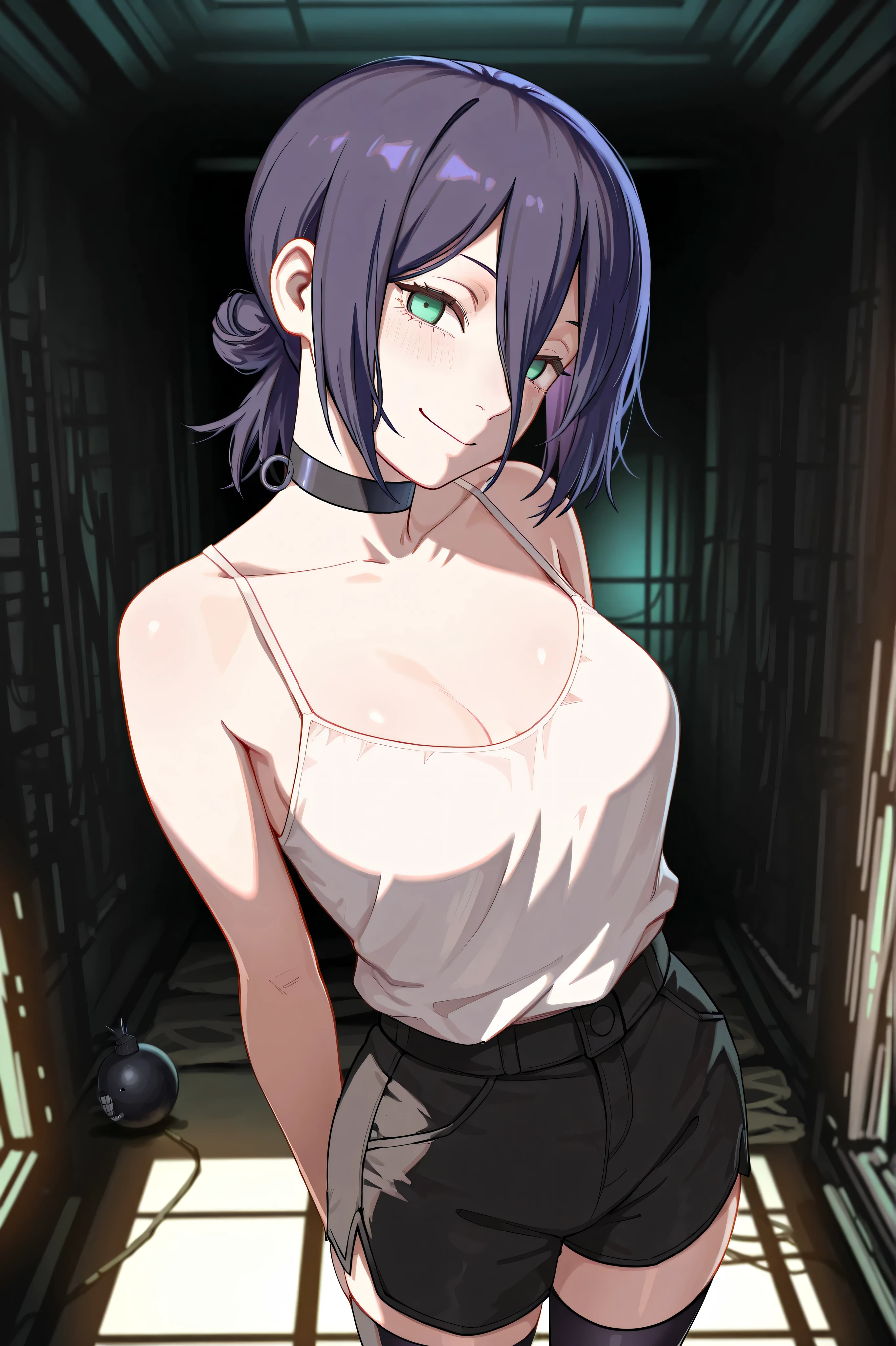 reze, chainsaw man, bomb girl, navy hair, green eyes, choker, white blouse, black shorts, thigh-highs,medium , focus breasts,smile,arms behind,in dark room,masterpiece,Highest Quality,Very Detailed,Ultra High Definition,8k,4k,simple back ground,beautiful eyes,catchlight,