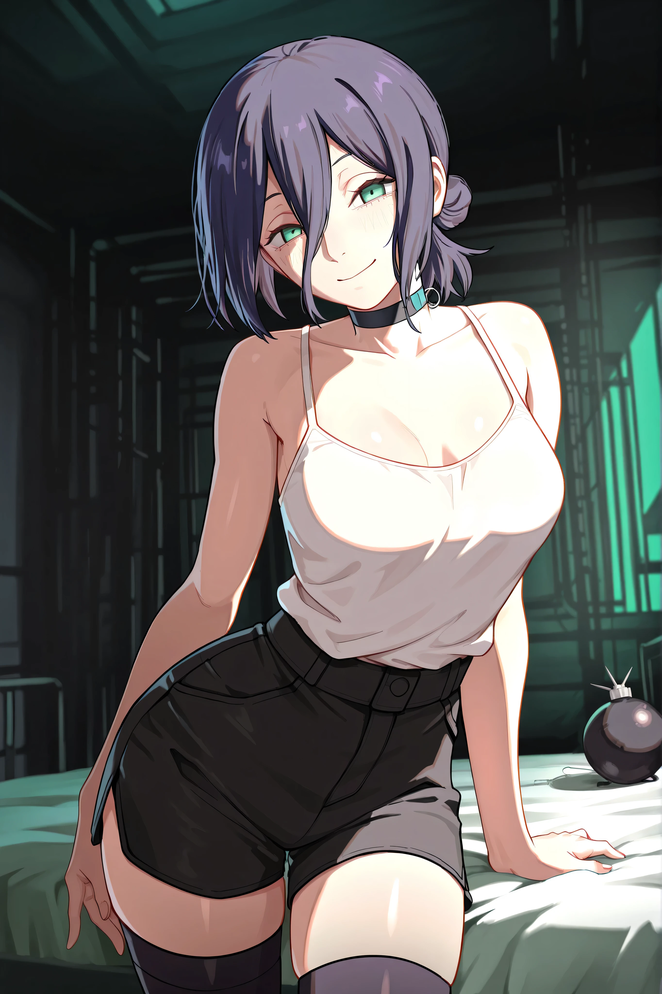 reze, chainsaw man, bomb girl, navy hair, green eyes, choker, white blouse, black shorts, thigh-highs,medium , focus breasts,smile,arms behind,in dark room,masterpiece,Highest Quality,Very Detailed,Ultra High Definition,8k,4k,simple back ground,beautiful eyes,catchlight,