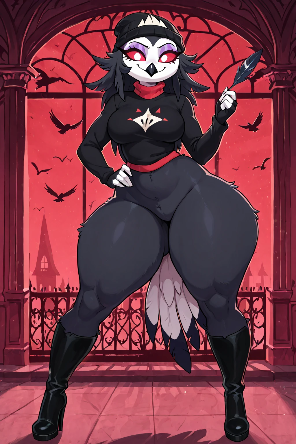 , avian, bird, anthro, butt, female, clothing, owl, clothed,  solo, seductive, demon, dialogue, breasts, duo, topless, male, 2022, stolas (helluva boss), hi res, big butt, helluva boss, looking back, detailed background, black body, looking at viewer, bedroom eyes, mature female