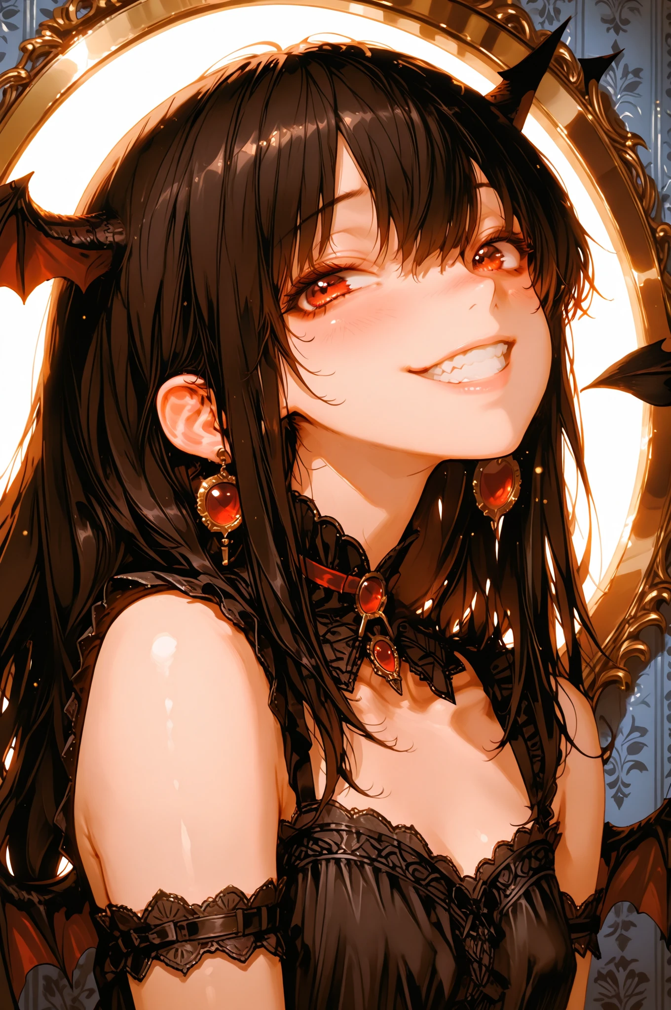 (Maximalism:1.5),(absurdres:1.5), (highres), (best quality:1.1), (ultra-detailed:1.1), (an extremely delicate and beautiful), 1 girl, smirk, (beautiful face), (detailed face), Devil, black hair, long hair, devil horns, Devil's Wings, flat chest, black gothic dress, beautiful face, (detailed face), portfolio, upper body, clear black hair, long hair, black darkness stirring background, glitter,( Zentangle:1.2),