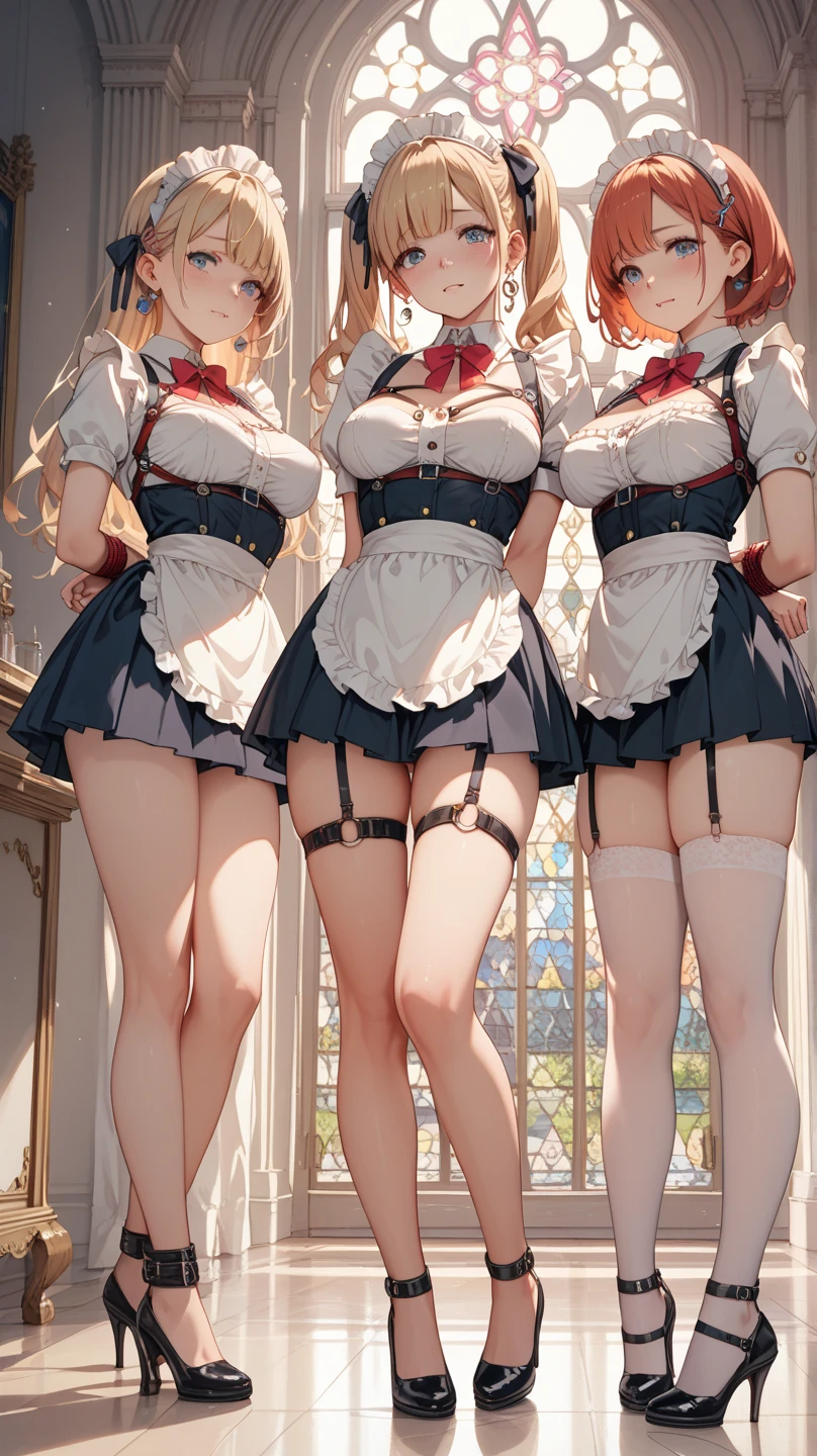 (((masterpiece, highest quality, High resolution, 超High resolution, Perfect Pixel, Depth of written boundary, 4K, RTTX 10.0, High resolution))), (Four adult women:1.3), Beautiful Anime Woman, Beautiful art style, Anime characters, ((Long Hair, bangs, Dark brown hair, Various hairstyles, ponytail, Twin tails)), ((Beautiful eyelashes)), ((Detailed face, blushする:1.2)), All four have different faces, ((Smooth texture, Realistic texture, Anime CG Style)), Perfect body, (Slender body:1.2), Beautiful and ???????????, Exact finger count、Exact number of legs、Exact number of arms, (blush:1), (Four women are walking down the stairs side by side, lifting their skirts:1.4), (Maid Headband, Frilly black and white maid outfit, Ribbon at collar, (garter belt, Black knee socks:1.4), High heels, mini skirt:1.4), Realistic, highest quality, High resolution, 非常にDetailed face, Perfect lighting, Extremely detailed CG, (Perfect hands, Perfect ???????), Embarrassed expression, (Staircase in a luxurious mansion:1.5), Morning sun-like lighting, whole body, ((Stylish and ???? shiny satin panties, Stylish lace side-tie panties, All different color panties, White panties, Dark pink panties, Dark Blue Panties, Light blue panties:1.2)), Angle from the front、(Beautiful and thin thighs:1.2), All about the same height, Feeling embarrassed