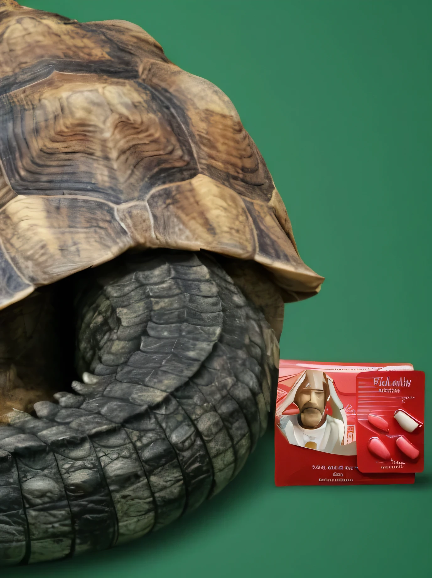 Transform this photo into a digital cartoon vector art style. The illustration style should be highly detailed and sharp, with bright colors and high contrast. The outlines of objects are smooth and crisp, like professional vector art. The turtle shell, reptile tail, and medicine packaging remain recognizable but appear in a clean, modern cartoon form. Use soft lighting and minimal shadows to create a high-resolution flat vector art look.