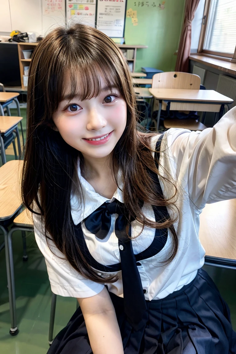 best quality, 1 beautiful female student, , sitting in classroom, focused on book, natural light, tidy desk, detailed background