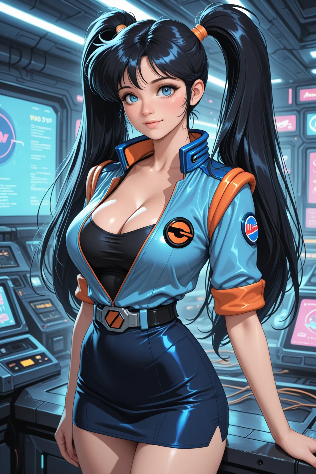 (((((1Young woman))), the anime, Green eyes, (black hair), Nice face, ssmile, the perfect body, Wavy Hair, hairlong, (((morena))), big breastes, ((tmasterpiece, beste-Qualit)), illustartion, ультра детализированная 8k, Photorealistic, sharp-focus, higly detailed, Professional lighting, colorful details, Rainbow colors, Glowing, intricate detials, Vivid details, (white skirt), (blue jacket), (white  shirt), outer space, Planet, the stars, a space ship , Blue beret on his head