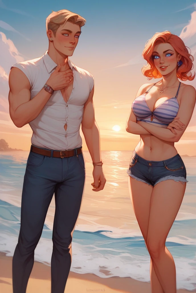 score_9, score_8_up, score_7_up, cartoon,
1girl, slim, blue hair, bikini, happy,  
1boy, muscular, brown hair, jeans, topless,
dimly lit, beach,
close-up, 
<lora:DaquiriStyle:1> d4q1r1s1yl3