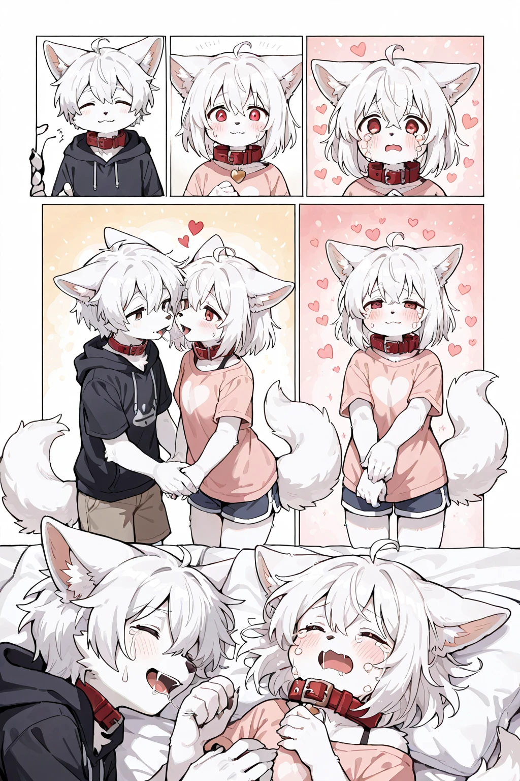 Dog boy and fox girl, 4k quality,High resolution, Holding hands、Deep Kiss、Drooling、 Wearing a red collar、Feelings of love、Cute Face, Crying in bed, living in a doghouse, collar and lead