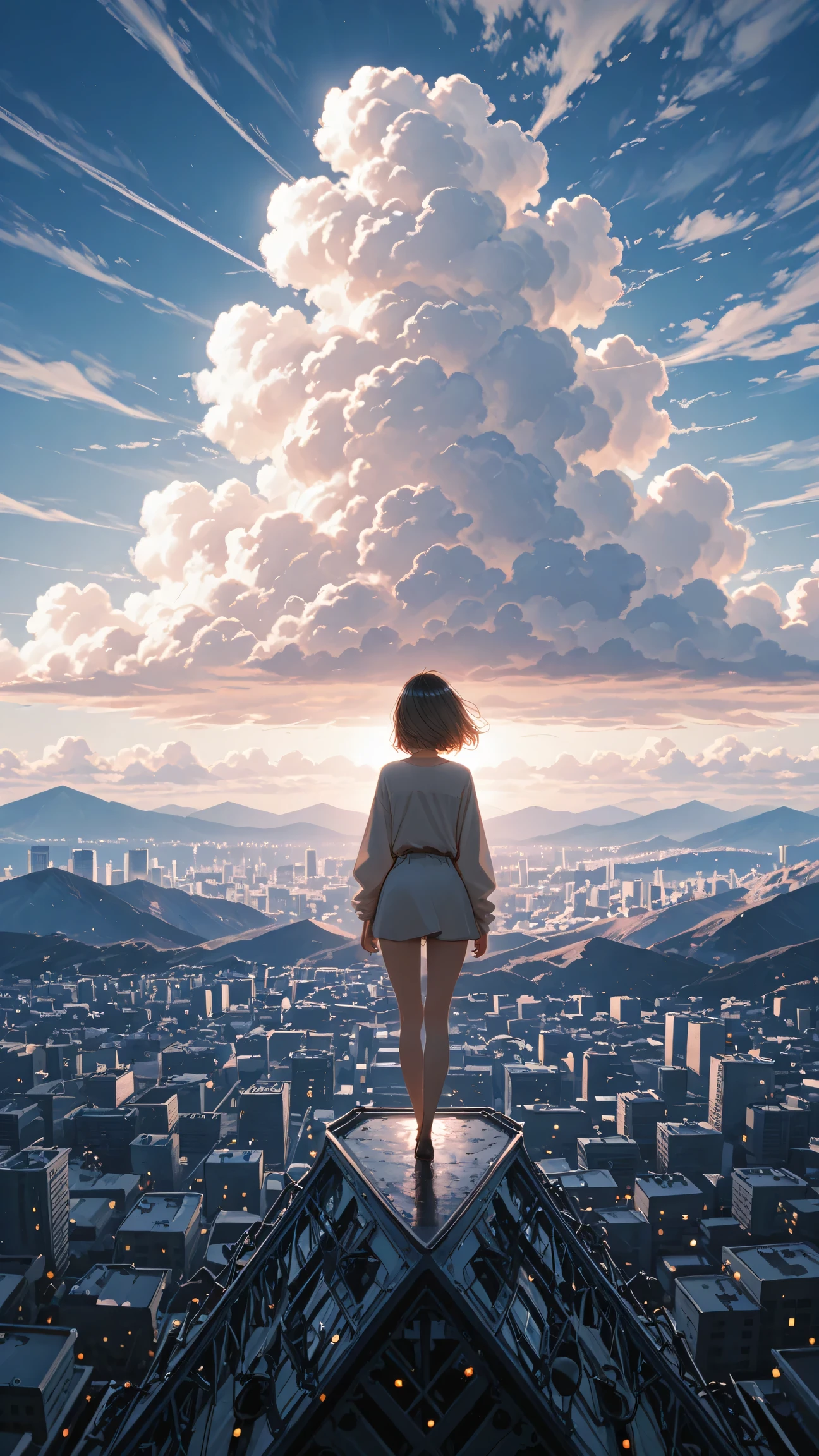 masterpiece, best quality, very aesthetic, highres, absurdres, ambient lighting, dynamic composition,
1girl, standing, full body, wide shot, scenery, blue sky, clouds, city, flying city background, mountainous background, faceless, from back,