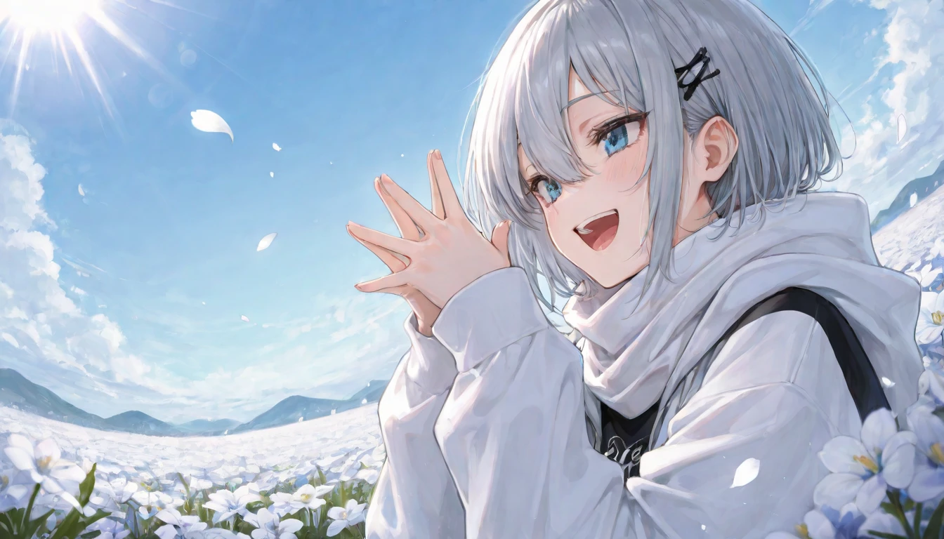 Ultra-high image quality,Look at viewers, hands behind back, girl with, 20 years old, Very short hair, long bangs between eyes, pale blue eyes, Hoodie, Skirt , Extremely detailed,(​masterpiece、top-quality)、report、White hair、A smile、White skin as clear as snow、Fantastical, Silver hair, Black eyes, Beautiful eyes,, , charmed, be smitten with audience, Hoodie, White hoodie,a black skirt,Hair is short,look down from above,(masutepiece, Best Quality:1.1),report, 1girll, Curve,White jacket, Casual style,, Fluttering hair、a small face、hason、Bright smile、(parka、white sneaker fingers、Human hand)、(Detailed face) 、(top-quality: 1.4、tmasterpiece、 hyper HD、 Top resolution,、Very detailed、 profetional lighting、 Gray Light Lighting,fantastic landscape, Sunlight,Shoulder out