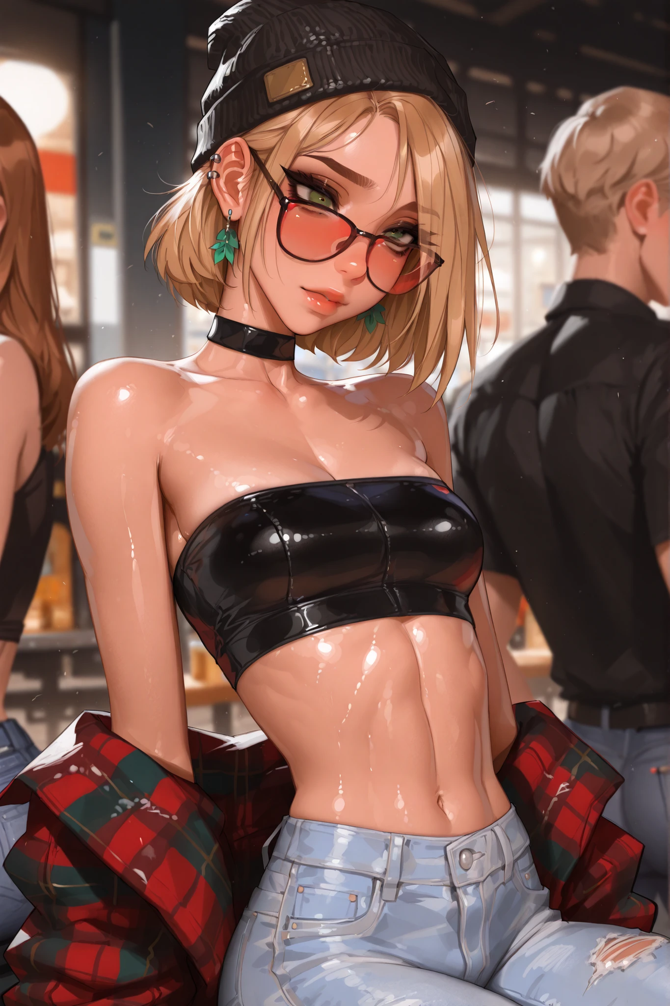 red rimmed glasses, short hair, green eyes, blonde hair, masterpiece, best quality, very aesthetic, movie quality, depth of field,soft saturation, focused subject, ,official style, shiny skin, 1girl, dark eyeliner, high top beanie, earrings, (darcy redd), shirow masamune,  sam yang style,  oily skin,  1girl, small ,  wavy brown hair, tube top, camo flannel, jeans, tall girl, long abdomen, ear piercings, big eyelashes, flat 
