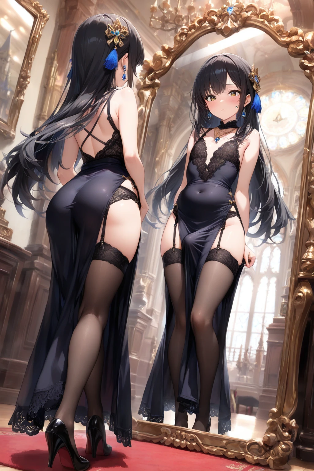 1girll，black lace cleavage underwear，Standing in the living room，独奏，black suspenders stockings