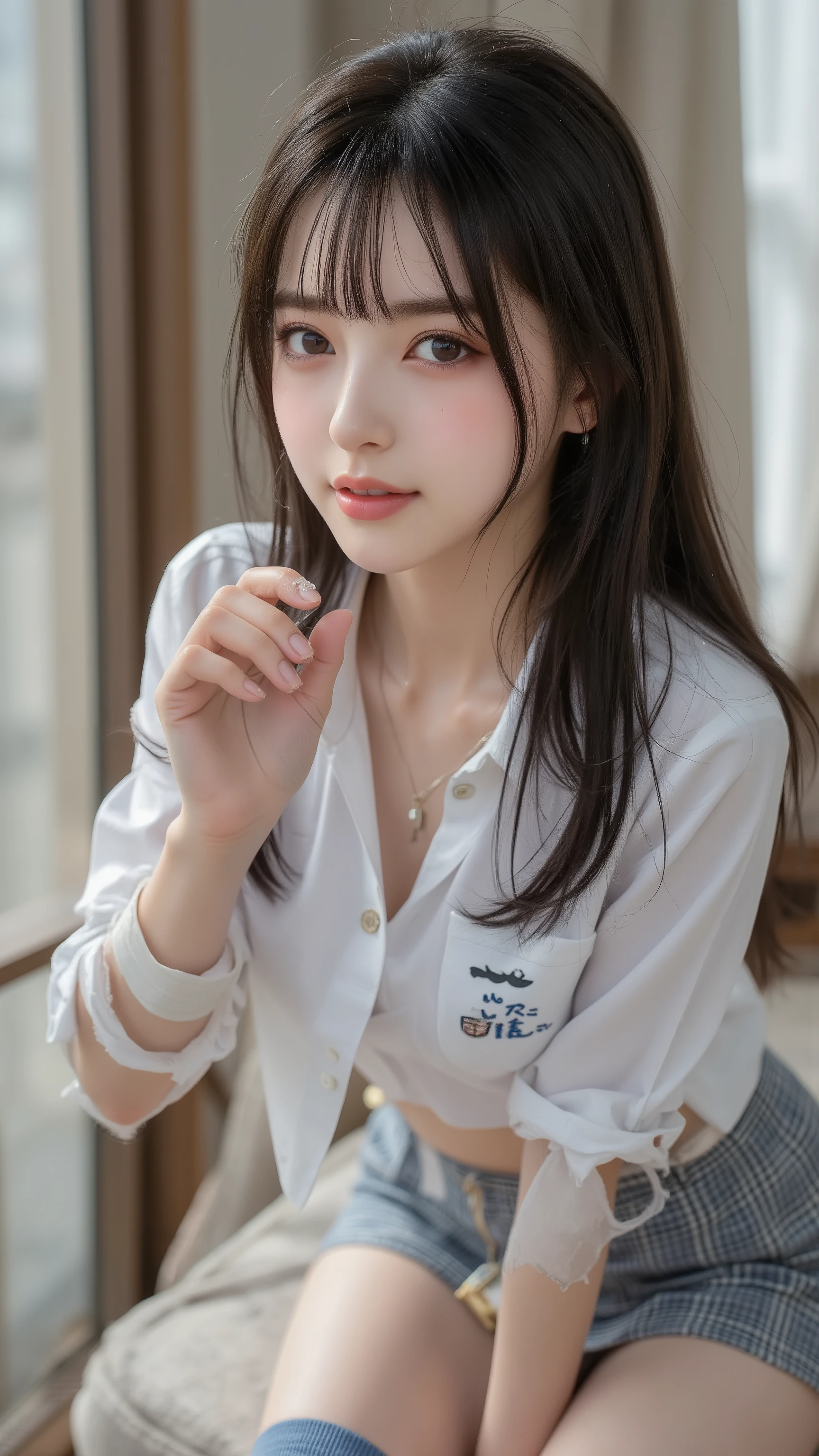 nsfw, Korean idol, Nogizaka idol,Actress, gravure idol, (8k, Original photo, Highest Quality, masterpiece:1.2), masterpiece, Highest Quality, shape, very detailed, fine detail, high resolution, 8k, Wallpaper, perfect dynamic configuration,(High Quality with Attention to Details , realistic eye depiction:1.3), (( sit down, high school students)), background is a luxury hotel room 、 Girls' High School Uniform、 blazer after face 、 super short checked uniform skirt 、 Navy Blue Knee High Socks、 garter belt, long hair, dark haired, big boobs, dark eyes, Big Natural Colored Lips, bold and sexy pose, (Perfect shape), crying a little、Gentle Gaze, beautiful makeup,The cutest 18 year old, Beautiful legs, gravure idol風ポーズ, thighs, Full Body