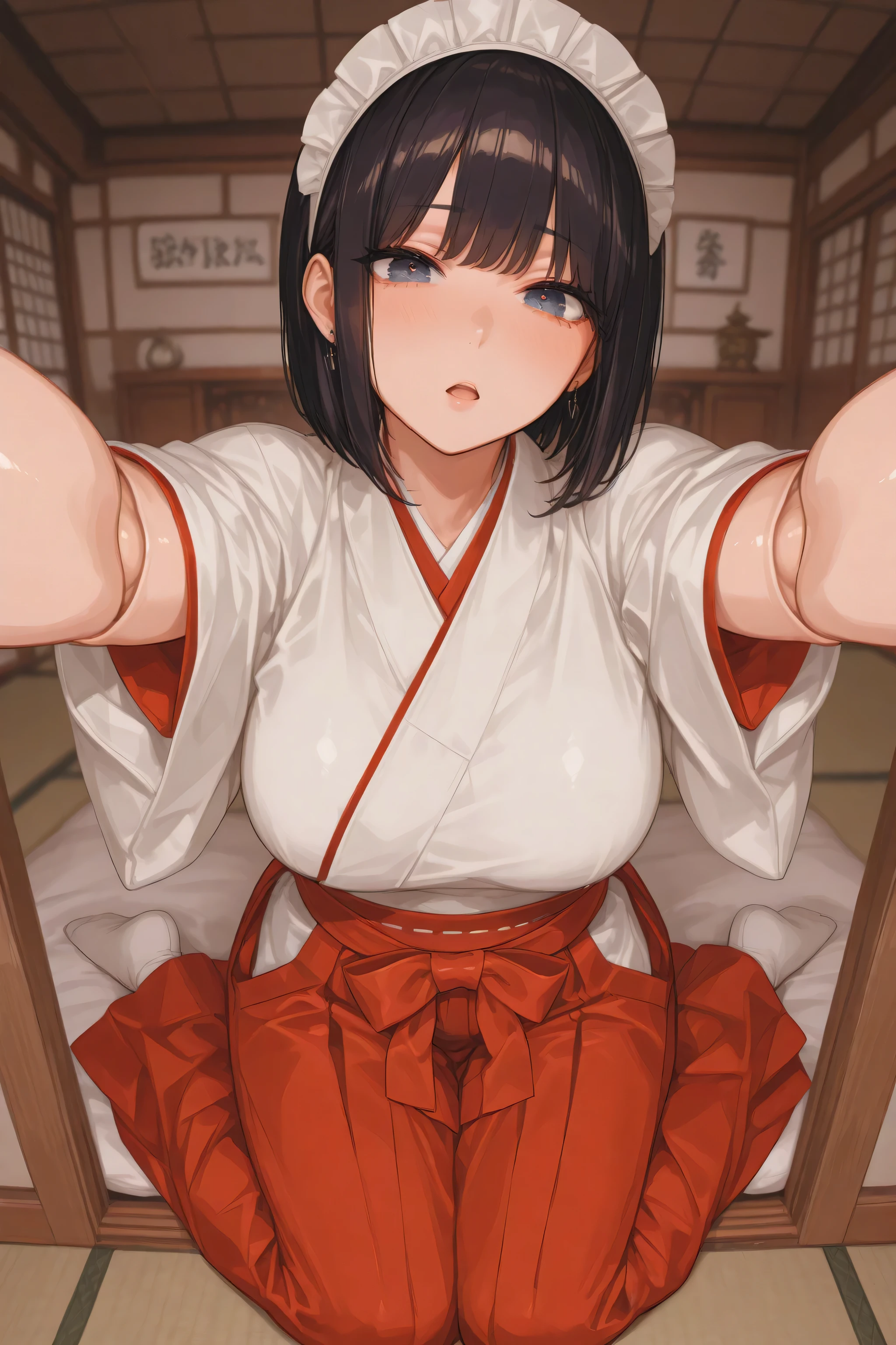 aosiai123,dark haired、1人のdark hairedの女性。(Beautiful adult woman: 1.5), A android whose only joints are mechanical。Dark Blue Eyes。Blue eyes.Rooftop garden of a。黒い髪。with moist pink realistic lips。Open her mouth and look distressed。black short bob。see here。White Headdress。((Shrine Maiden's Hakama:1.5))、My Breasts Are F Cups。white socks、lies on her back on a futon。Bird's Eye View。shot from the ceiling、Full Body。stretch limbs