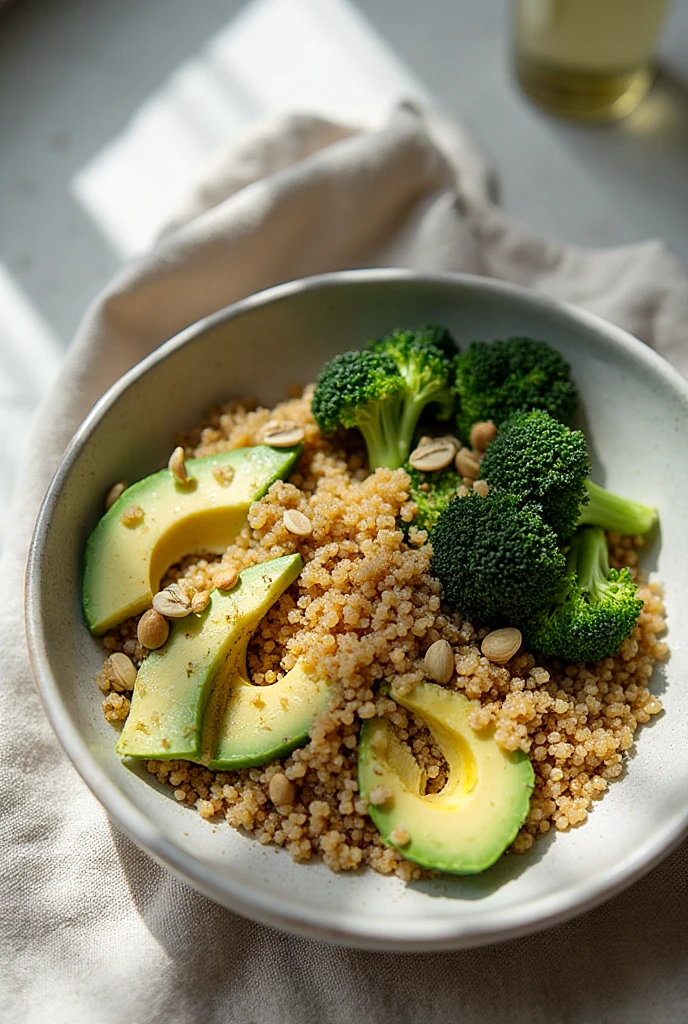 Premium food photography of a magnesium-rich dinner bowl: cooked quinoa, steamed broccoli florets, ripe avocado slices, pumpkin seeds, light olive oil and lemon drizzle, served in a simple ceramic bowl on a neutral linen napkin, bright natural daylight from the side, soft shadows, crisp textures, minimalist and elegant plating, calm wholesome atmosphere, editorial healthy lifestyle aesthetic, 45-degree overhead composition --v 5 --ar 4:5 --q 2