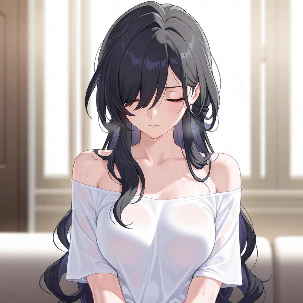 masterpiece,best quality, solo, eda, bangs, black hair, upper body, shy expression, medium breast, hot, thicc, she is in the bed, she was sitting , she was posing, closed mouth, she is , she wants to , she is blushing , she has bug thighs, shebis wearing sando, she has big thighs, she is , closed eyes, leaning back, , 