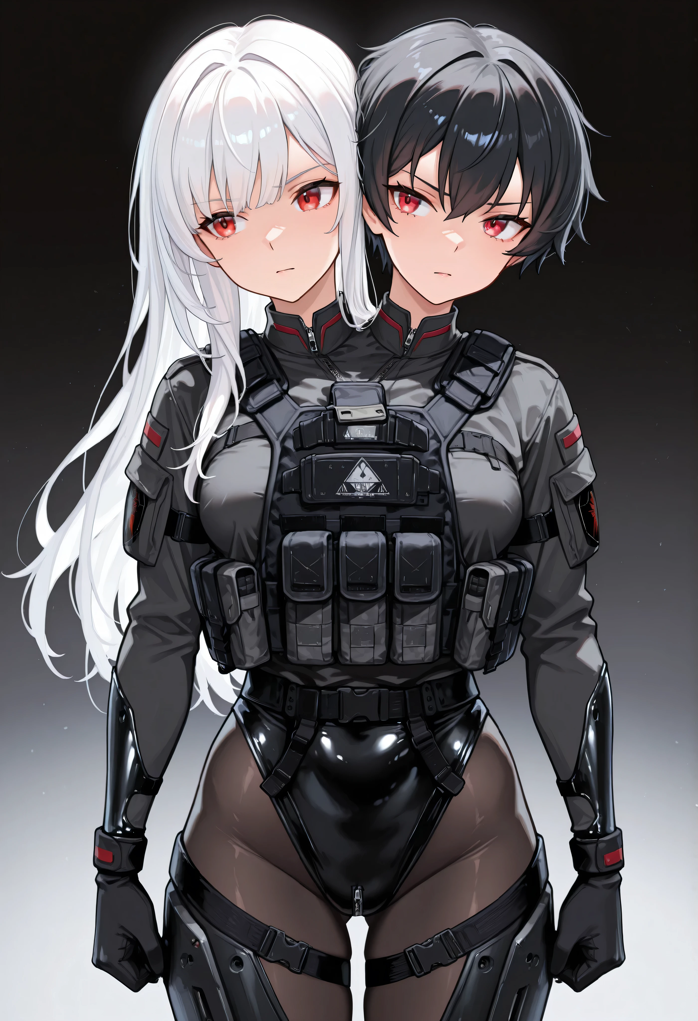 conjoined, 2girls, 2heads, two heads, a tall thin girls with 2 heads, black hair, white hair, short hair, long hair, red eyes, tomboy, black combat shirt, black bodysuit, black pantyhose, bulletproof vest, black gloves, tactical gear, futuristic exoskeleton, front shots, upper body, medium breasts, Groin zipper,