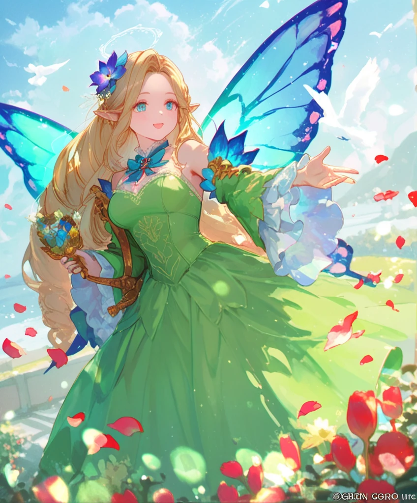 (Beautiful and detailed illustrations), (超 high resolution:1.5), (masterpiece), accurate, ((解剖学的に accurate人体:1.4)), more details, high detail, high resolution, Award-winning work ,32K, depth of field, digital camera, award-winning illustrations , Professional illustration work , (( A very beautiful and cute fairy princess like a French woman :1.5)), (( vivid, bright, beautiful, and delicate professional art illustrations )), (( best quality :1.5)), ((masterpiece:1.5)), (( realistic)), ( beautiful, vivid, and bright atmosphere ), ( A very beautiful and cute fairy princess like a Frenchman ), (((Full body shot from the top of the head to the feet :1.5))), (( A depiction that makes you feel the movement of dancing while spinning lightly and happily)), ((Long golden hair and clothes dancing big in the wind )), (( fairy princess in a fantasy world )), (( beautiful and beautiful, French style of a 15-year-old white man )), (( A very cute, ish look. )), ( beautiful and fluffy blonde long hair ), ((ルビーとダイヤが散りばめられた豪華な金のティアラと Lots of Colors とりどりの花で飾られた花の冠をかぶっている:1.5)), (You can see an enchanting large of the ), ((Quite large , F Cup)), (( Extremely detailed blue sparkling eyes :1.5)), (( beautiful catchlight on the eyes:1.4)), (( extremely and beautiful clear blue eyes :1.5)), (( Extremely detailed, long, beautiful eyelashes :1.5)), ((Extremely detailed and beautiful eyebrows :1.5)), (( Extremely detailed and charming moisturized lips :1.5)), (( beautiful white teeth lined up nicely )), ( A cute woman wearing a sparkling fairy style dress in a very bright pale green and very bright yellow color ), (( A fairy style dress with very bright pastel butterfly wings :1.5)), Lots of Colors 々 deep covering a crown of flowers , Long brown hair and clothes fluttering big in the wind , looking at me with a gentle and cute expression , (A cute smile that shows some teeth:1.5), Skin feels soft , Natural makeup with gentle hues , Clear and fresh atmosphere , Delicate embroidery The V-neck dress that was made has a gradation of bright pale green and bright yellow, and is beautiful as if it were receiving light , The hem of the dress is soft It has a wavy form and creates a light atmosphere , 背景はぼかしがあるアートな雰囲気の Lots of Colors とりどりの花が一面に咲いている鮮やかでとても美しい風景でとても柔らかな光が降り注いでいる, A dreamy image characterized by extremely vivid colors and delicate depictions , wearing a pale green and yellow fairy style dress Women , Beautiful footage from the movie , (( Very beautiful butterflies in many sparkling light blue, pink, and yellow pastel colors flying all around )), ( A beautiful depiction that makes you feel happy dancing while spinning in the wind ), ( show your hands as little as possible ), accurate手の形, accurate指の形, accurate指の数,5 fingers on one hand