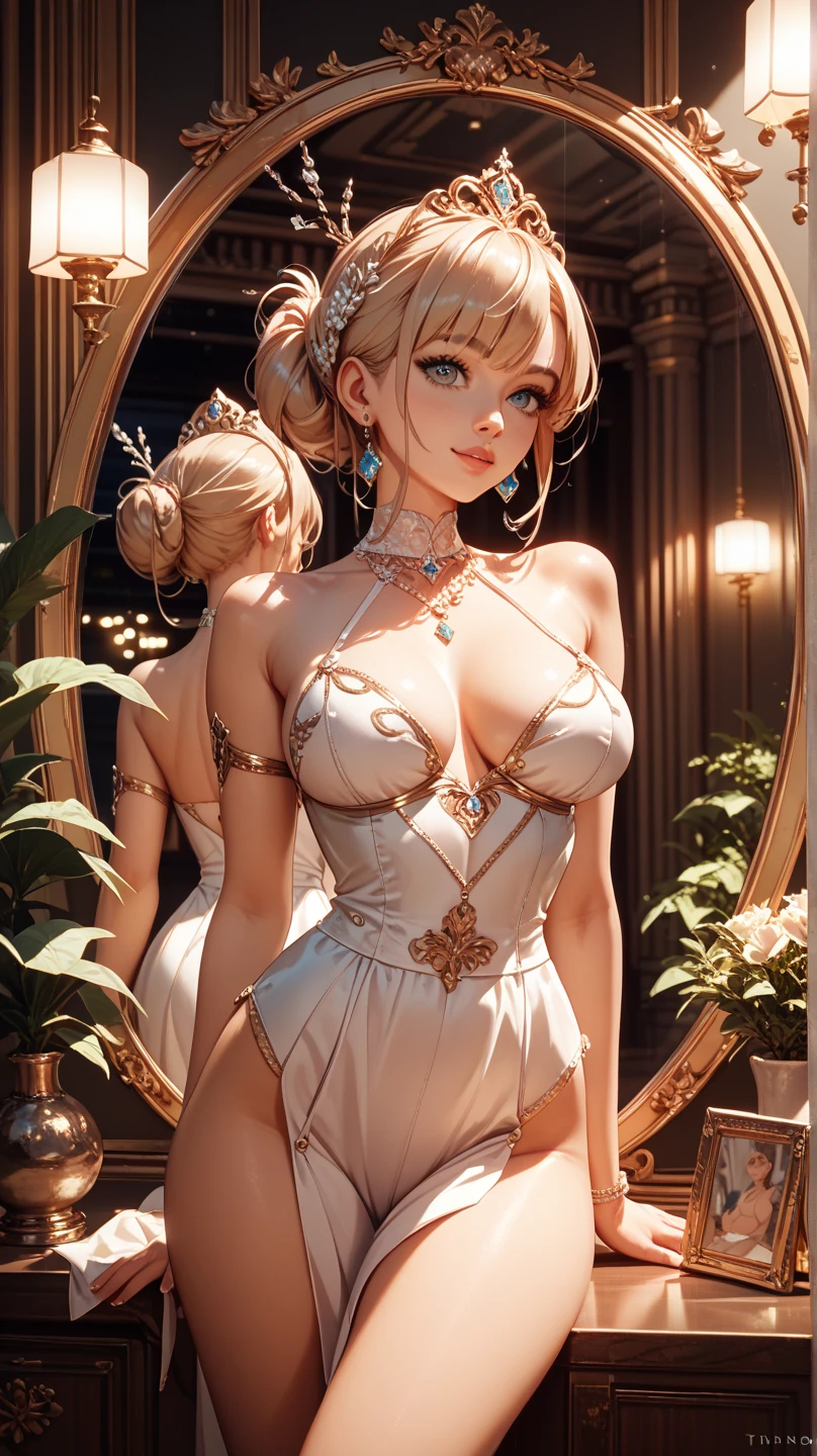  Set in a luxurious penthouse with city lights in the background, warm golden tones illuminating the scene.