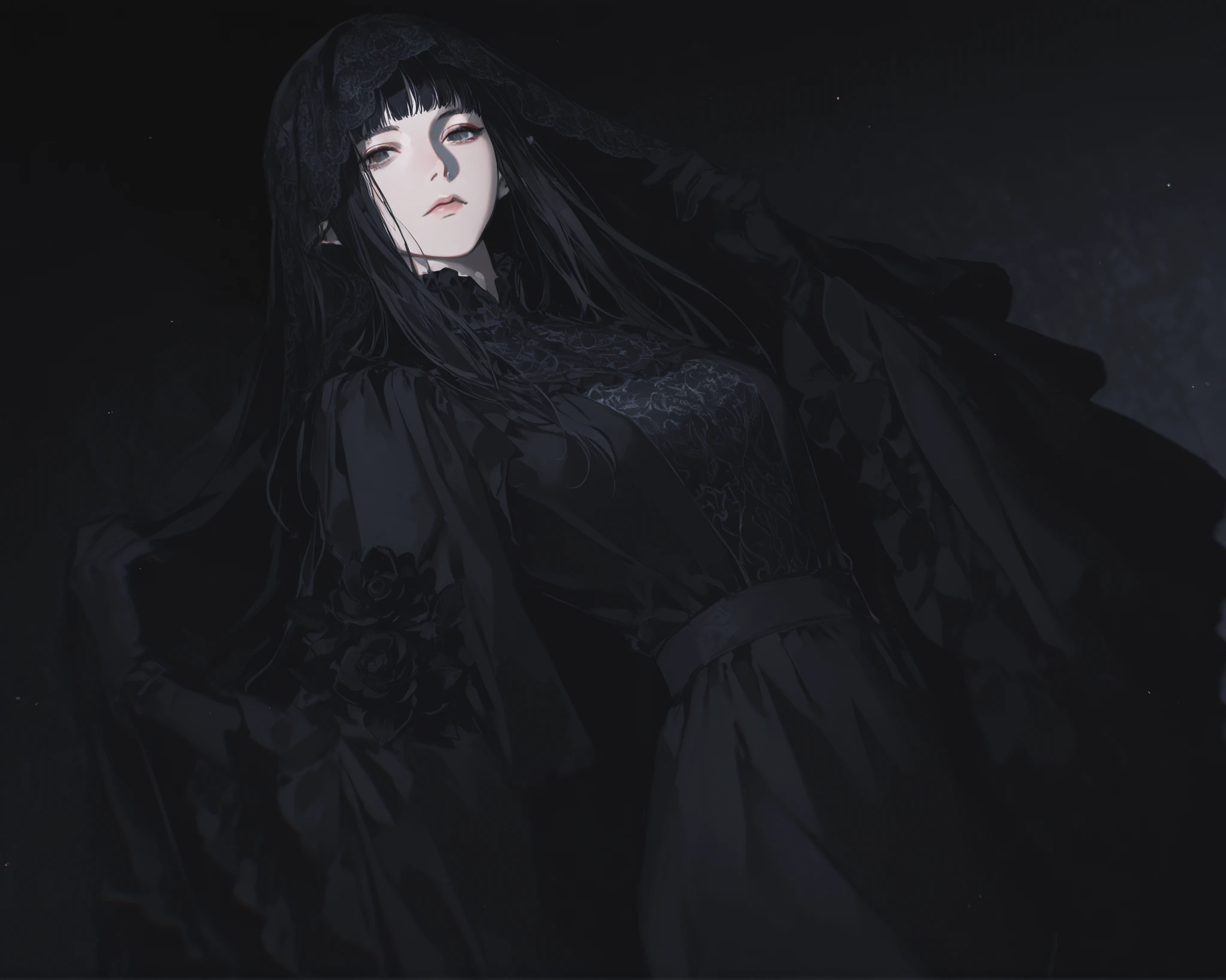 1girl, black_hair, female_character, pope, dynamic angle, looking at viewer, tight dress, cut_bangs, straight_hair, elf:1.4, long_hair, priestess, neutral expression, mature face, dark fantasy, black lilies, black flower, floral pattern, frills, black_dress, embroidery, 1girl, silver details, black one-piece bodysuit, black lingerie, black gloves, shadows, starry background, dark background, dark souls, elden ring, cowboy_shot, blurry, eyeliner, black veil, black hood, nuanime_style, gothic, goth, victorian, flowing robes, blurry_background, 1girl, yoneyama mai, pale, black_eyes, edgy fashion, victorian style, bold look, fashionable, solo, blurry, chromatic aberration, portrait, beautiful light, perfect contrast, realistic facial features, detailed features, defined features, semi-realistic style, attractive features, dark colors, dark lighting, painted style, detailed style, black outline, perfect detail, pale skin, eyebags, dull colors, anime style, semi-realistic, boy, clear background, lifeless colors, dirty filter, dark, watercolor coloring, masterpiece, ultra detailed, 4k, 8k, ultra hd, best