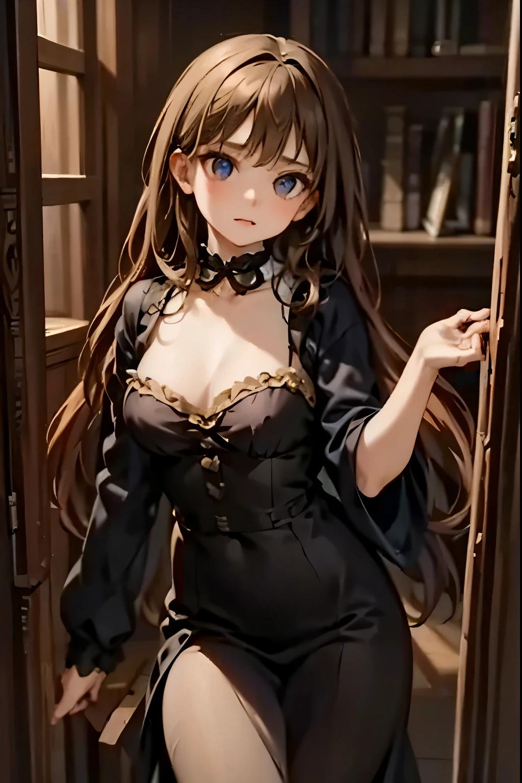 realistic,detailed,cinematic,dramatic,mystical mirror temptress,alluring seductive pose,captivating expression,piercing gaze,porcelain skin,flowing hair,ornate gold-framed mirror,dark baroque interior,dramatic lighting,moody atmosphere,oil painting