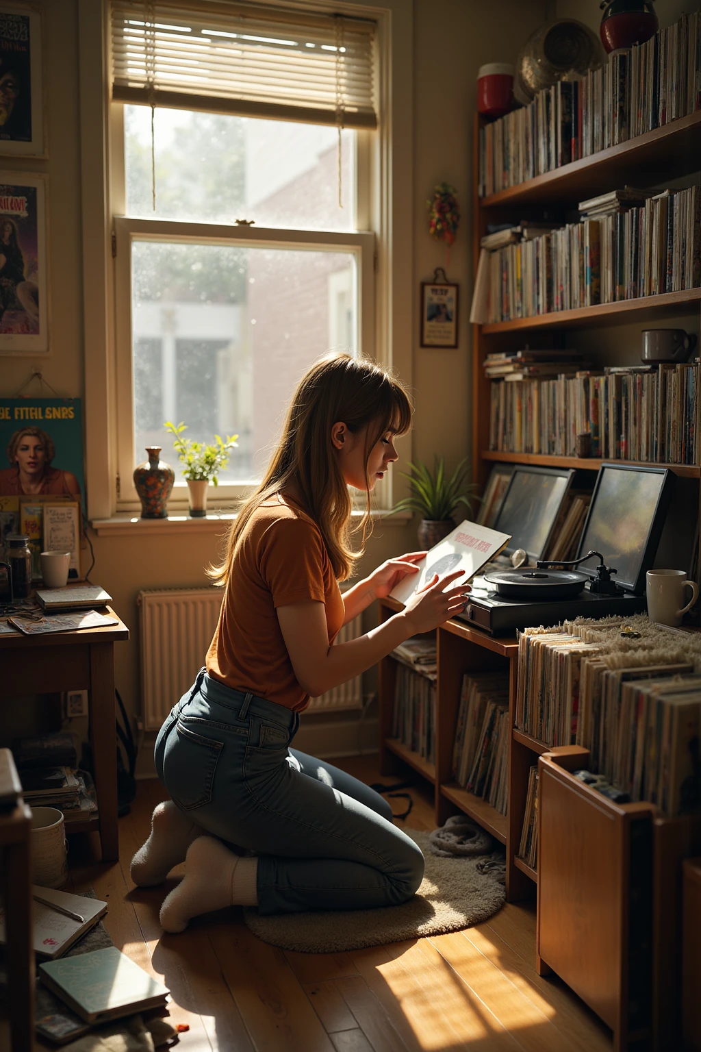 A sunlit morning in the cozy, cluttered apartment of a devoted vinyl collector, where every corner tells a story. Golden sunlight streams through half-drawn blinds, illuminating dust particles dancing in the air and casting warm glows on the shelves overflowing with records. At the center, a young woman—dressed in a vintage band tee, high-waisted jeans, and fuzzy socks—kneels on the floor, her fingers gently tracing the spines of her collection. She’s just pulled out a rare, sun-faded sleeve of a 1970s jazz record, her eyes sparkling with anticipation.
Beside her, an old turntable spins a newly acquired LP, the needle dropping with a soft crackle as the first notes fill the room. A half-drunk cup of coffee sits on a stack of records beside her, and a notebook lies open, filled with handwritten lists of ‘must-find’ albums and scribbled notes from record store visits. The walls are adorned with framed album covers, concert posters, and Polaroids of her with musicians at small gigs. Outside the window, the city hums quietly, but in this space, time slows down—every record has a memory, every scratch tells a tale. Style: Hyper-detailed, cinematic, with a warm and nostalgic color palette. Inspired by the intimate realism of indie films and the tactile beauty of analog culture, 8K resolution. High-resolution photograph with attention to detail, hands are anatomically correct, hands are beautiful, face is clear and highly detailed, model features clearly visible and highly detailed. highly detailed (photorealistic:1.2), ultra-detailed 8k, cinematic realism, photorealistic skin, fabric, and glass textures, anatomically correct hands and fingers, FLUX NSFW cinematic corporate exposure.