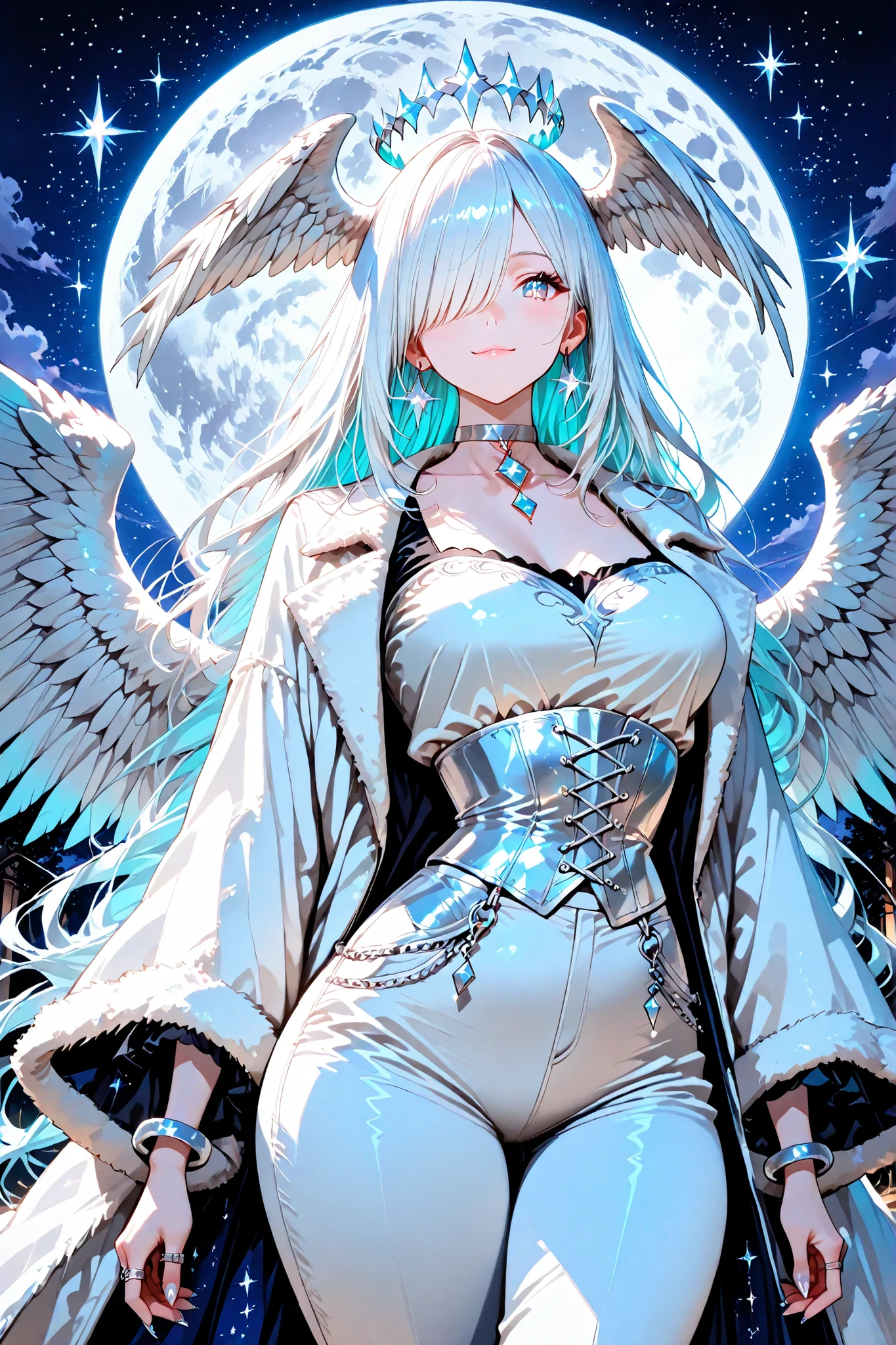(moody lighting, dramatic shadows, bloom lighting, colored shadows,cute anime girl,vibrant color palette,vivid lighting,) (feathered head wings, silver-white head wings,) The winged woman is angel. She has a mature bodybuilding with big breasts , thin waist and wide hips. She has sparkling white skin. She has fluffy feathered winged ears on her head. She has long diamond manicured claws. She has long white hair combed to one side and part of her long bang over one eye covers half of her face. She has white pearly eyes with starry sparkling star-like pupils. She has two huge mother-of-pearl angelic wings on her back. She has a winged tiara. She has a diamond halo above her head. She is dressed in a white outfit: a silver corset, bell-bottomed pearly white trousers, a silver belt with pendants, and a white short furry arctic fox fur coat. She has a lot of silver jewelry with large diamond earrings,crystal pendants on a silver choker, a bracelet, and rings with diamonds. (On the background: The starry night sky with big moon, the silver frame of tarot card named "star".)