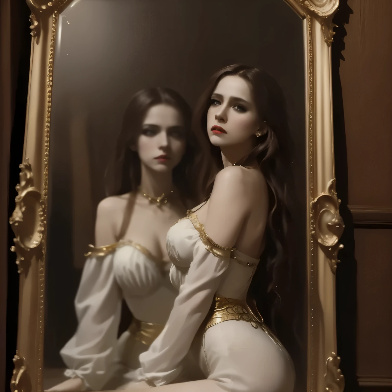 realistic,detailed,cinematic,dramatic,mystical mirror temptress,alluring seductive pose,captivating expression,piercing gaze,porcelain skin,flowing hair,ornate gold-framed mirror,dark baroque interior,dramatic lighting,moody atmosphere,oil painting