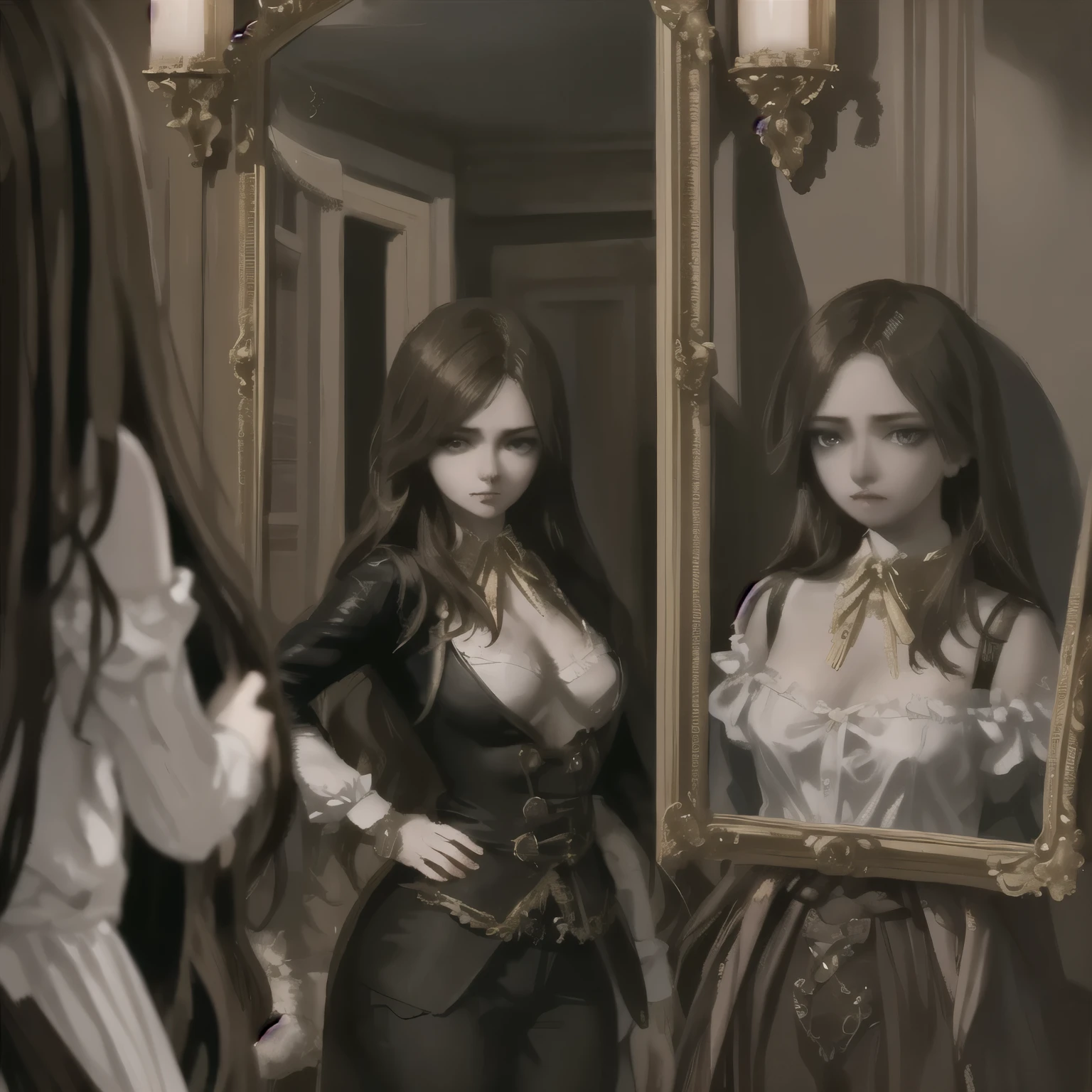 realistic,detailed,cinematic,dramatic,mystical mirror temptress,alluring seductive pose,captivating expression,piercing gaze,porcelain skin,flowing hair,ornate gold-framed mirror,dark baroque interior,dramatic lighting,moody atmosphere,oil painting