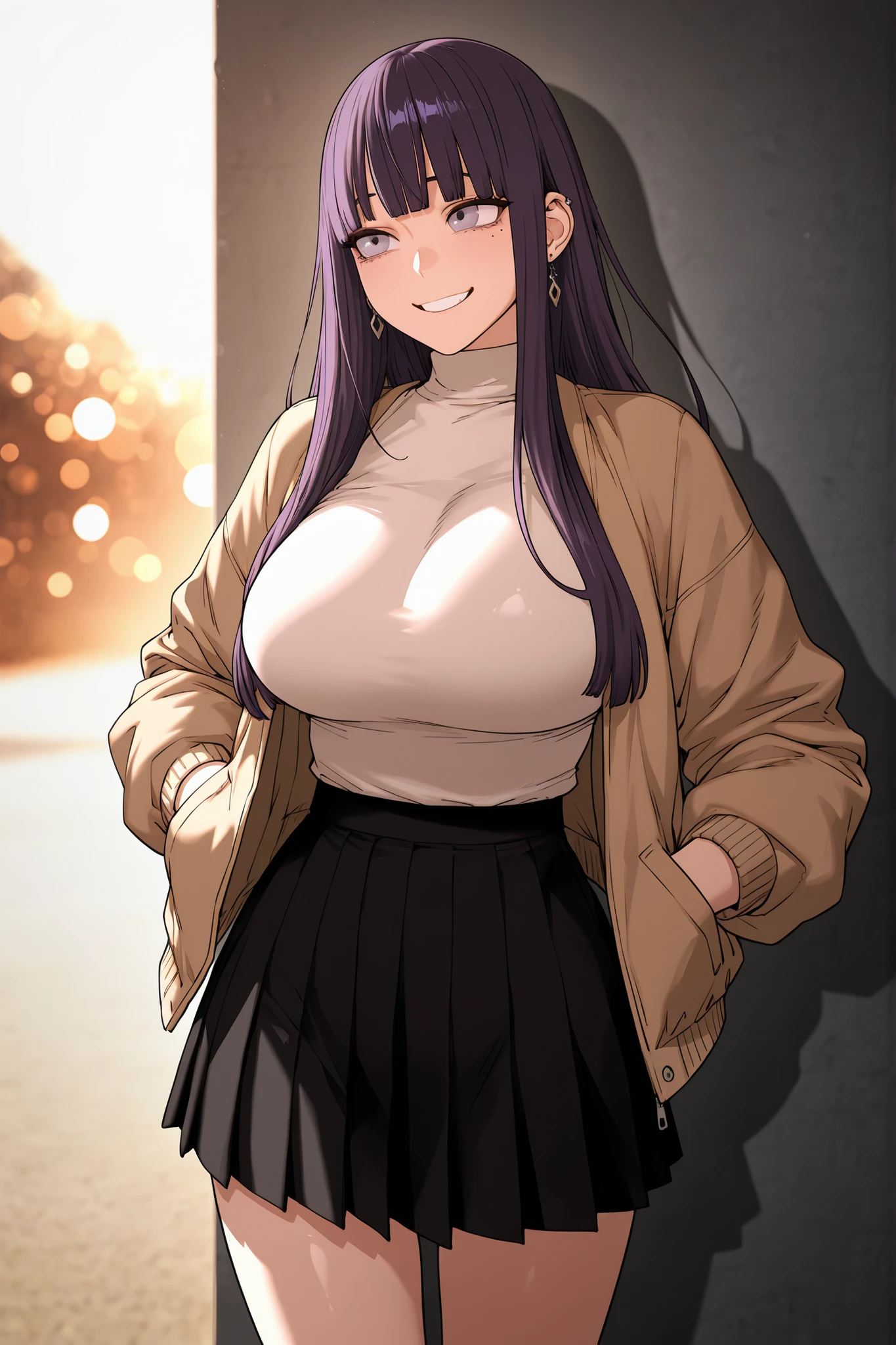 sungyoona, 1girl, solo, lilac eyes, mole under eye, purple hair, long hair, blunt bangs, (big breasts), (skinny body), young, sweetmasterpiece , high quality , detailed face ,masterpiece,best quality,amazing quality,absurdres,earrings, ear piercing, score_9, score_8_up, score_7_up, source_anime, masterpiece,best quality, flash gyaru, 1girl, solo, skirt, sweet smiling, sweet, mole, pleated_skirt, black_skirt, turtleneck, sweater, jewelry, bangs, jacket, cowboy_shot, earrings ,indicate details,shadow, (vignetting),daylight, masterpiece,best quality,amazing quality,absurdres,highres, newest, 0__11Xx_illu D4rkL1nes backlighting, bokeh, lens