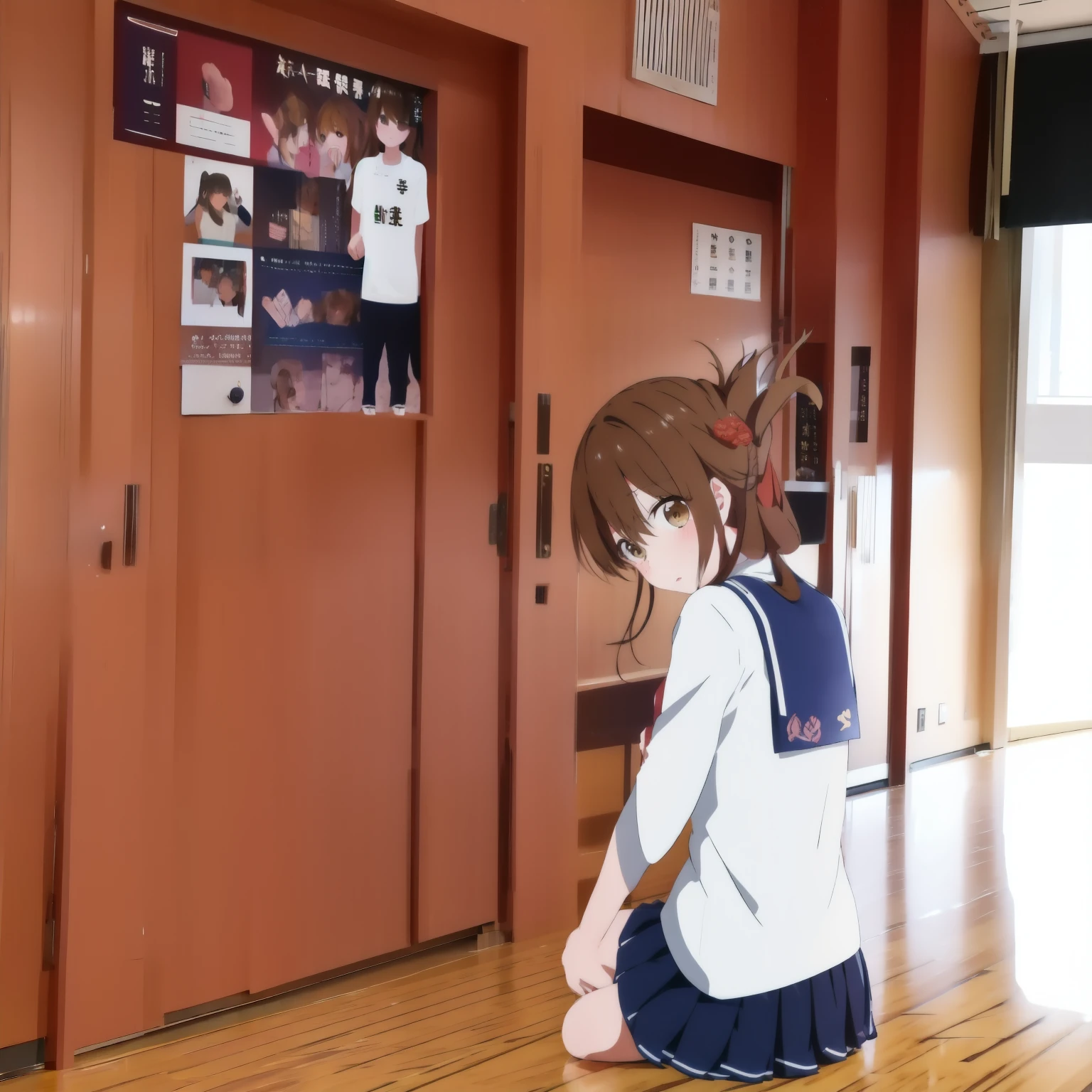 In the gym、体調不良のため学校の体育館の床に窓が , center image ,detailed photos,Single Building ,front,Modern high school, architectural concept ,Entire building , sports facility ,現在のシナ,I am sitting on the floor of the 学校 gymnasium and observing classes because I am not feeling well.,(masterpiece, Highest Quality:1.2),illustration,8k,high resolution,(masterpiece, best quality:1.2),illustration,8k,hd,1girl,solo,upper body,(portrait:1.2),brown_hair,folded_ponytail,brown_eyes,serafuku,long_hair,school_uniform,skirt,pleated_skirt,<lora:Inazuma>,