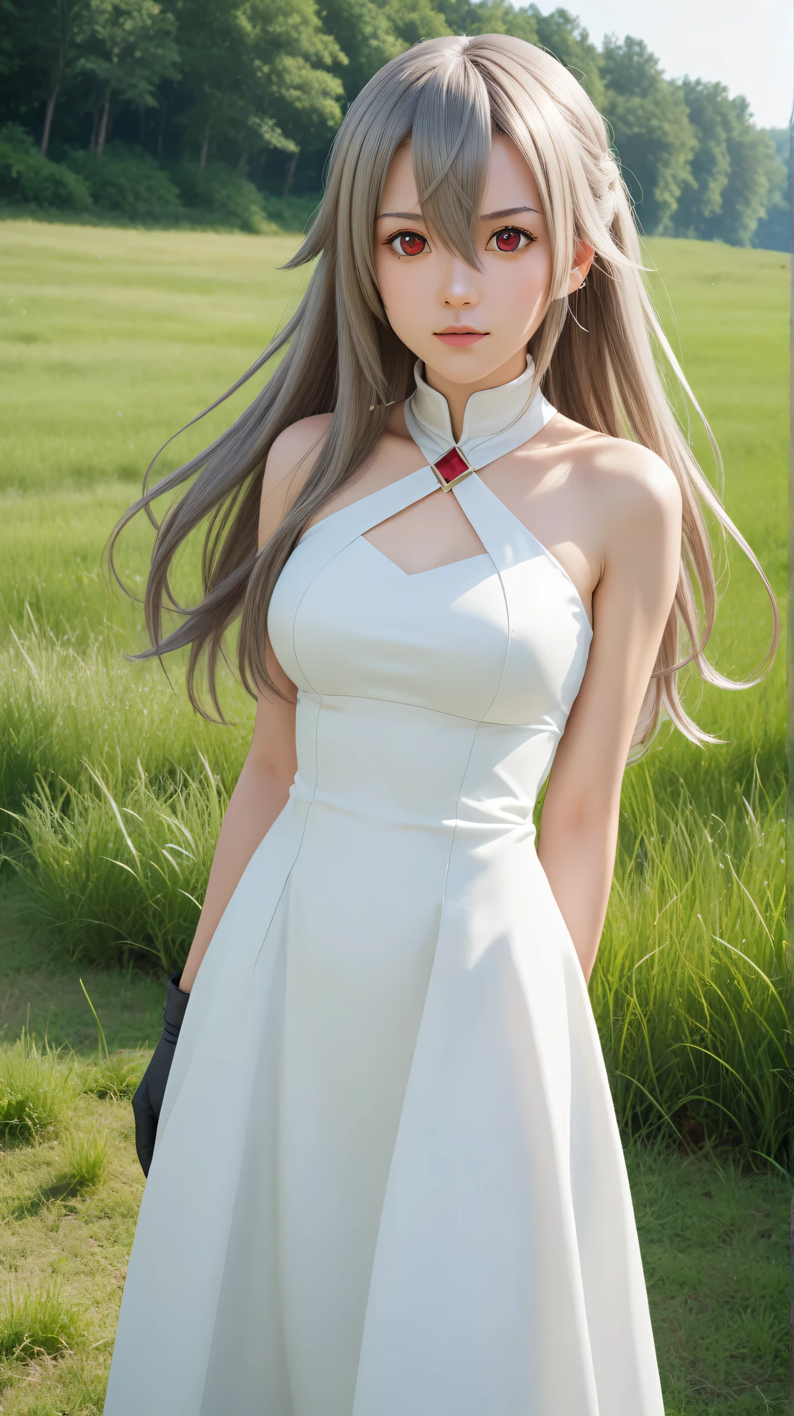 1girl, solo,eydish,red eyes,gray hair,(long hair:1.4),outdoors,potrait,medium breast,forest,front view,standing on grass field,grass field background,looking at viewer,hair between eyes,bodysuit,bare shoulders, black glove,(white dress:1.5),(close up:1.5), half body view (tall grass:1.5)