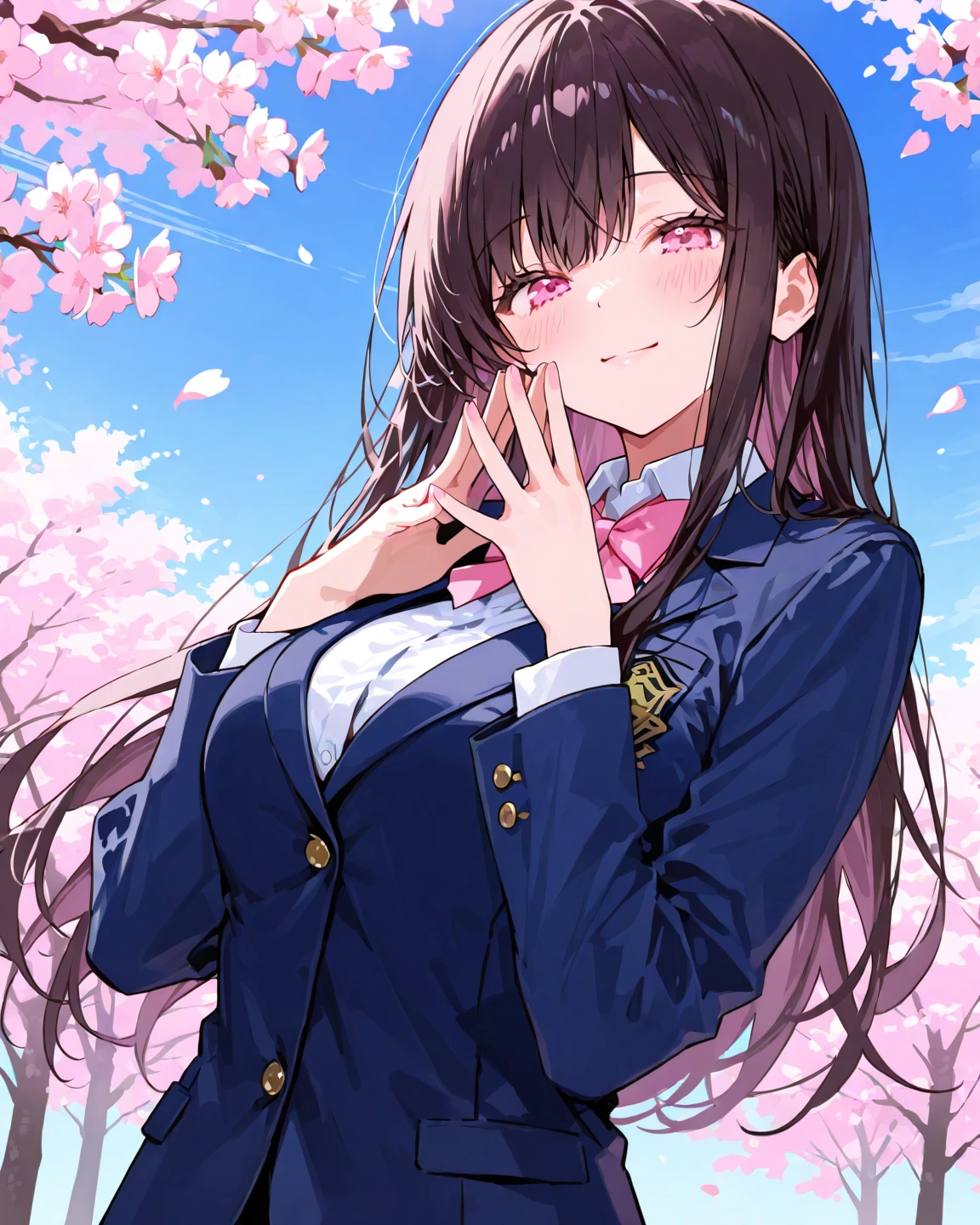 masterpiece, best quality, highres, 1girl, kizuna ai, small breasts ,long hair, brown hair, multicolored hair, floating hair, pink hairband, pink highlights, streaked hair, smiling