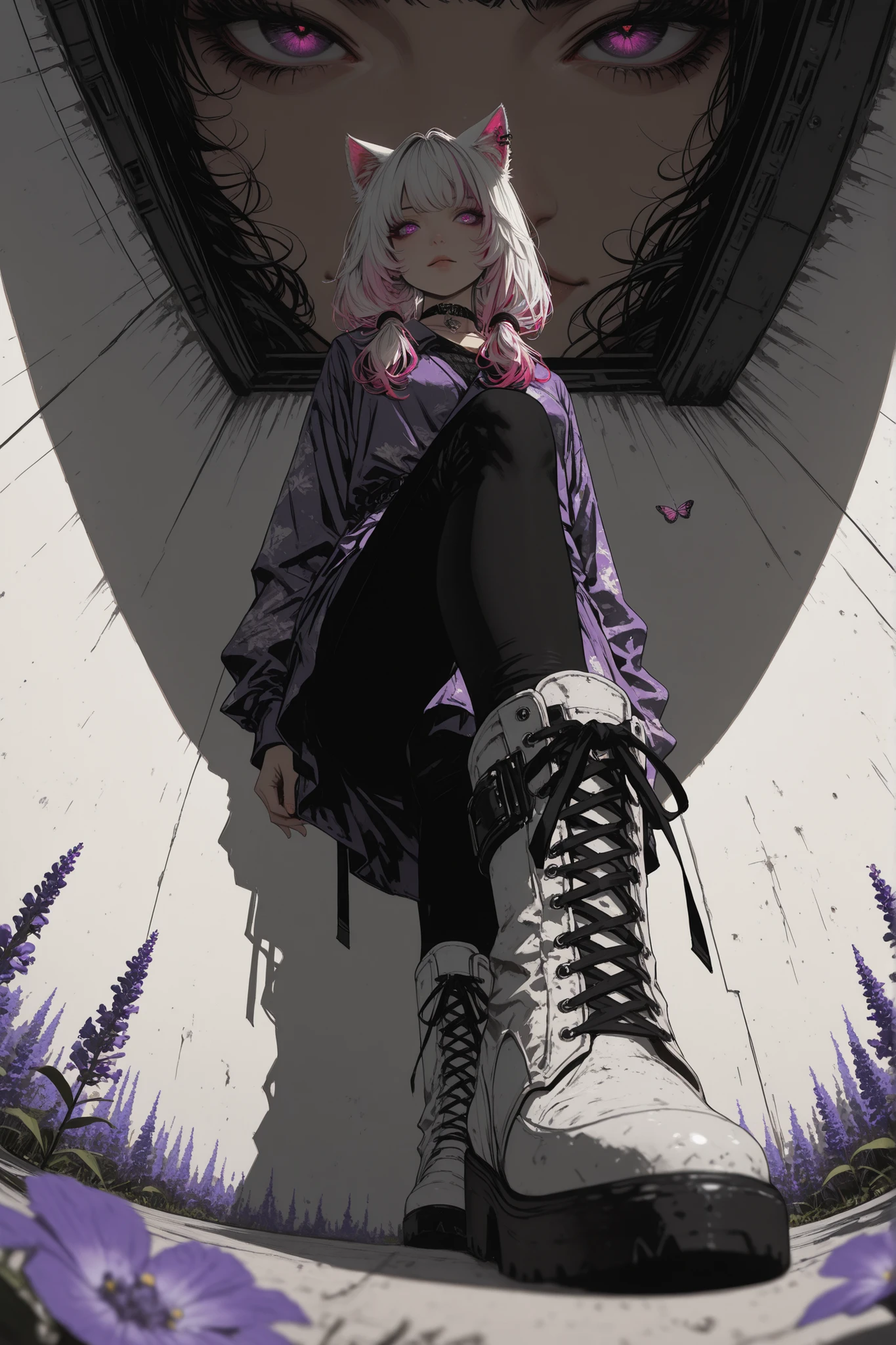 HDR photo of clean style (texture:0.81),exponential,[(quasarcake:0.65):crain1art:21],(xxyt-xx:0.85),chen bin,berryverrine,knee up,white_boot,black_leggings,fisheye,perspective,apothecary,(safe),
limited color,Maximalism artstyle,Geometric artstyle,Butterflies),double exposure of flower and liquid,fusion of Fluid virginia abstract art,//black and white painting,sketch,anime styling,professional artwork,illustration,official art,promotional art,product_art,(colorful paint splatter:1.16),1girl,solo,hair tie,white hair,cat girl,violet maroon eyes,cat ears,choker,lavender jacket,violets,lavender \(flower\),//detailed white background//,anime style top down close-up,street art,vibrant,urban,detailed,tag,mural,high dynamic range,vivid,rich details,clear shadows and highlights,anime 2d,intense,enhanced contrast,highly detailed,background gradient,beautiful,
masterpiece,best quality,amazing quality,very awa,absurdres,newest,very aesthetic,depth of field,highres,