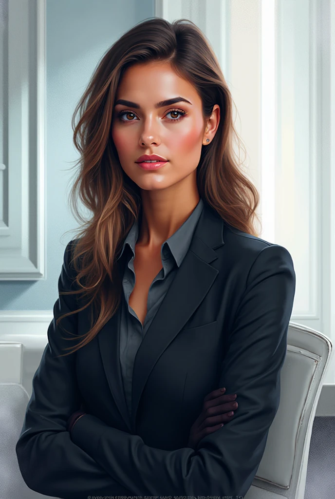 2D artstyle of Hot mature mafia in office formal shirt tucked in pants black belt, tight clothes that highlights her figure