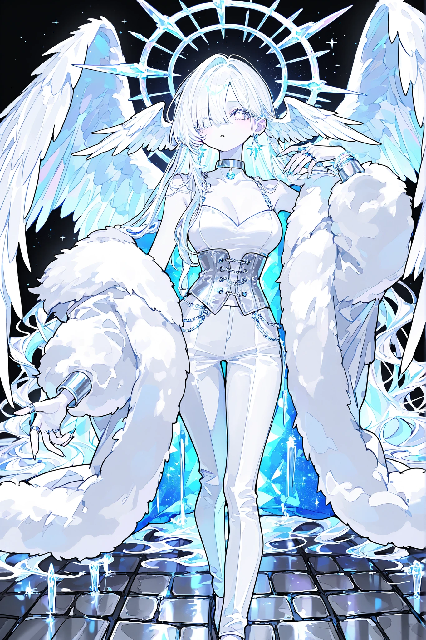 (ral-crystalz,glowing,xxx667_illu,) (feathered head wings, silver-white head wings,) The winged woman is angel. She has a mature bodybuilding with big breasts , thin waist and wide hips. She has sparkling white skin. She has fluffy feathered winged ears on her head. She has long diamond manicured claws. She has long white hair combed to one side and part of her long bang over eye covers half of her face. She has white eyes with starry sparkling star-like pupils. She has two huge white angelic wings on her back. She has a winged tiara. She has a diamond halo above her head. She is dressed in a white outfit: a silver corset, bell-bottomed pearly white trousers, a silver belt with pendants, and a white short furry arctic fox fur coat. She has a lot of silver jewelry with large crystal diamond earrings,crystal pendants on a silver choker, a bracelet, and rings with diamonds. (On the background: The starry night sky with big moon, imprisoned in a cell. The white and silver bars of the prison, of the prison wall lined with black cobblestones, there is snow on the floor, icicles hang on the ceiling.)