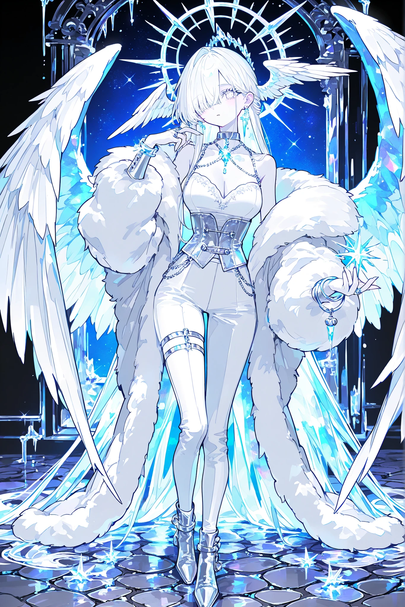 (ral-crystalz,glowing,xxx667_illu,) (feathered head wings, silver-white head wings,) The winged woman is angel. She has a mature bodybuilding with big breasts , thin waist and wide hips. She has sparkling white skin. She has fluffy feathered winged ears on her head. She has long diamond manicured claws. She has long white hair combed to one side and part of her long bang over eye covers half of her face. She has white eyes with starry sparkling star-like pupils. She has two huge white angelic wings on her back. She has a winged tiara. She has a diamond halo above her head. She is dressed in a white outfit: a silver corset, bell-bottomed pearly white trousers, a silver belt with pendants, and a white short furry arctic fox fur coat. She has a lot of silver jewelry with large crystal diamond earrings,crystal pendants on a silver choker, a bracelet, and rings with diamonds. (On the background: The starry night sky with big moon, imprisoned in a cell. The white and silver bars of the prison, of the prison wall lined with black cobblestones, there is snow on the floor, icicles hang on the ceiling.)