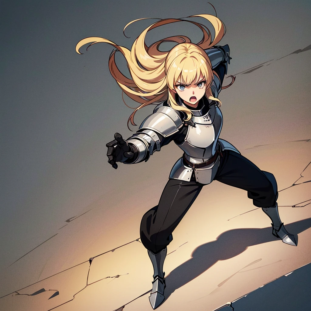 (((Solo)))、(Full body character concept)、Highest quality, Best Quality、(((Gray simple armor、Black trousers))、(woman、18-year-old)、(Blonde、Long Hair)、(Simple Background)、(get annoyed、Open your mouth)、(From below)、Glowing blue aura、Shining Light、Grab the sword、Movement angle、From above at an angle
