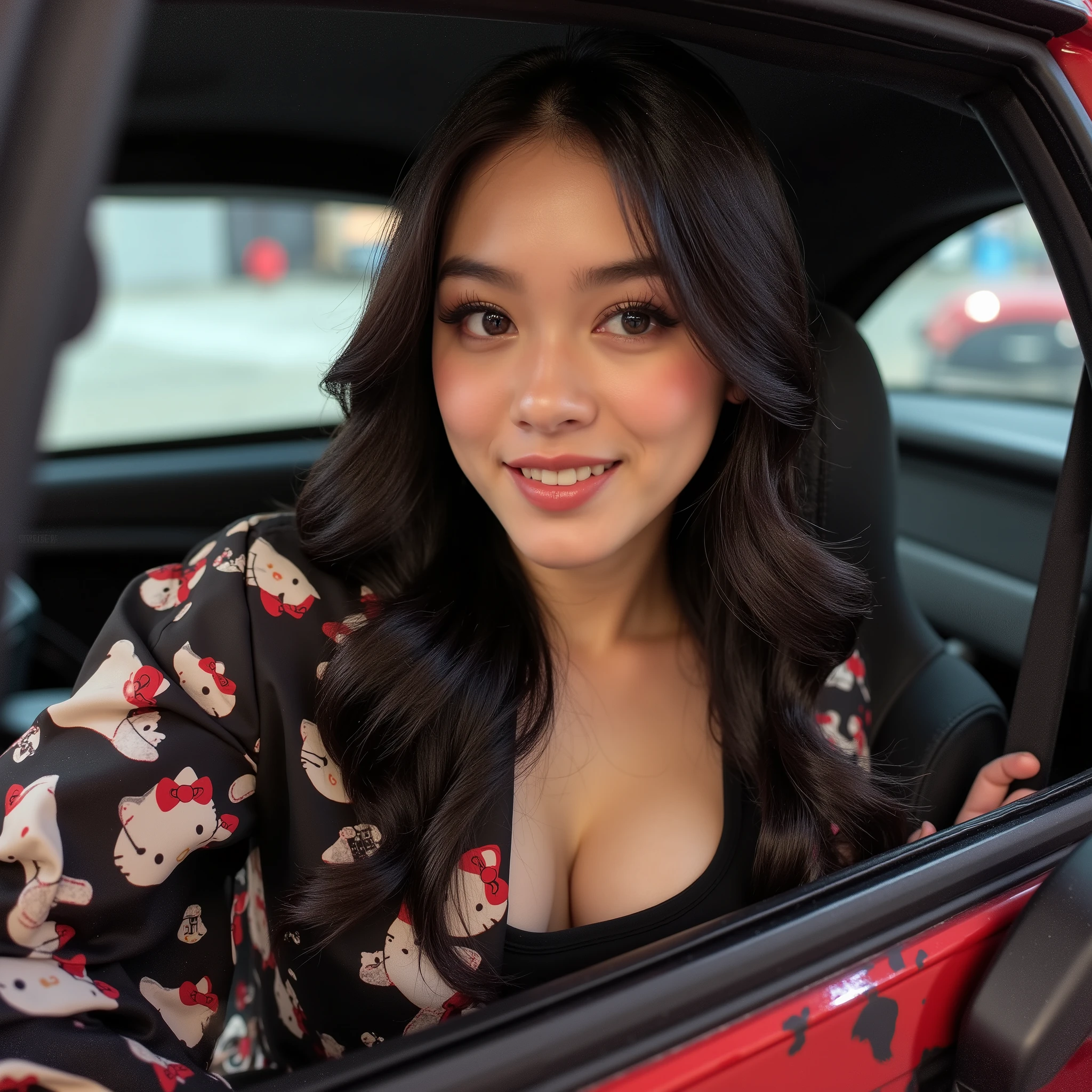 Dslr potrait selfie of beautiful woman aside rilax dynamic pose in the car , wearing clotes have logo hellokitty , large breast . Happy vibes beauty smile