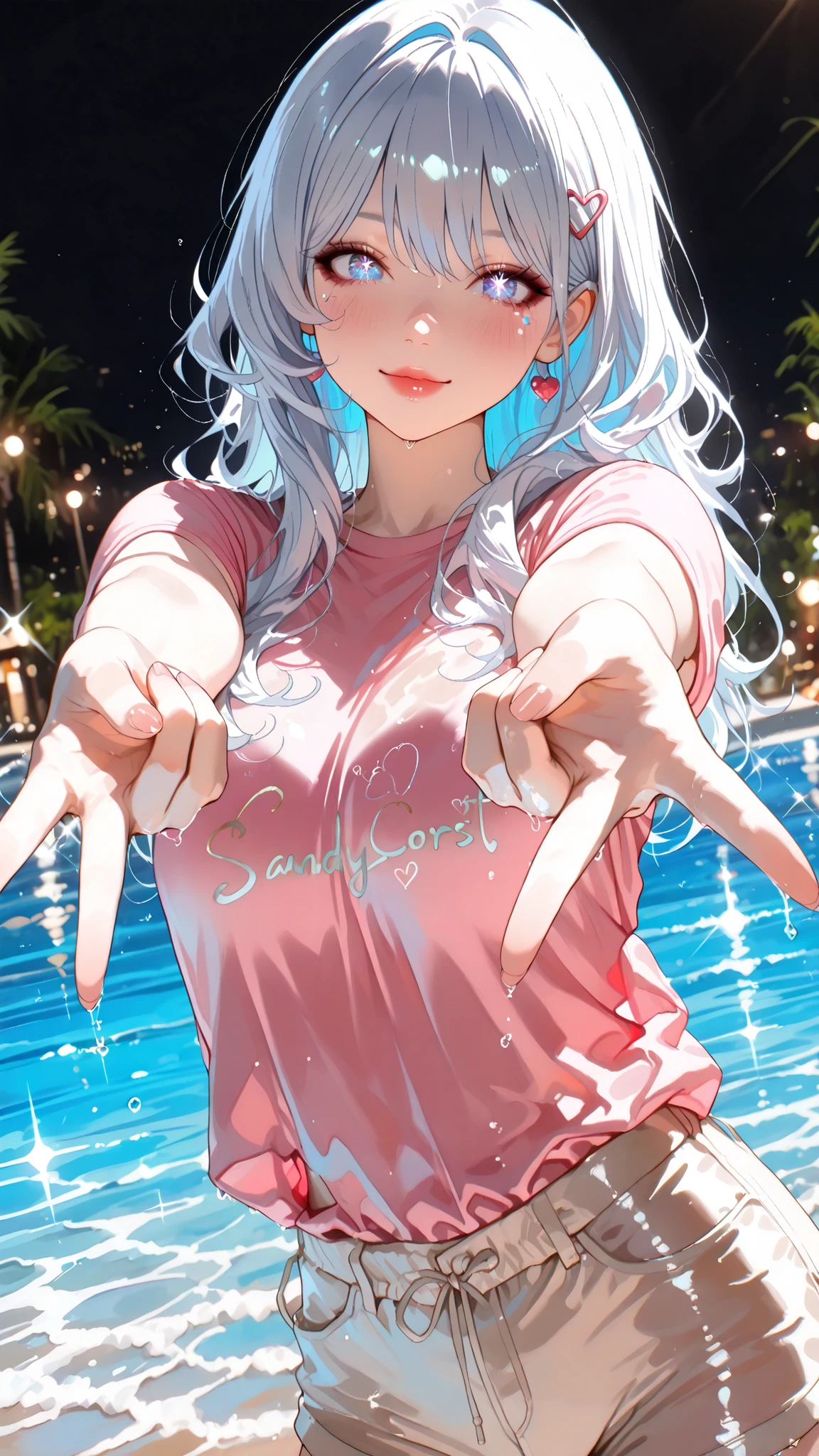 One beautiful girl,((Beautiful colored light, Sandy coast:1.4)), Sparkle in the eyes, Glossy lips, slender body, Sensual Body, 4 fingers, (gyaru v ), Beautiful skin that repels water, standing quietly surrounded by natural light, High Quality, Realistic Portraits, realistic texture, accurate depiction, Deep Focus,Brilliant Colors, Grace, elegant atmosphere, light blue hair, long hair, Heart hair clip, pink t-shirt, beige shorts, Wet,