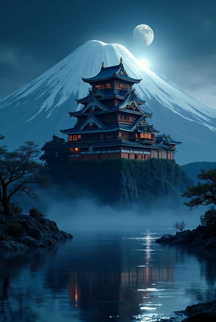 A traditional Japanese castle，With multi-layered roofs and white walls，Illuminated in the dark night sky. The castle is beautifully reflected in the calm water in front of it, Creating a perfect mirror image. The crescent moon hangs in the sky to the left of the castle，Also reflected in the water. There is a stone foundation around the castle, Surrounding trees are partially visible in the background. The overall scene is full of tranquility and mysterious atmosphere, The bright castle contrasts sharply with the dark surroundings.
