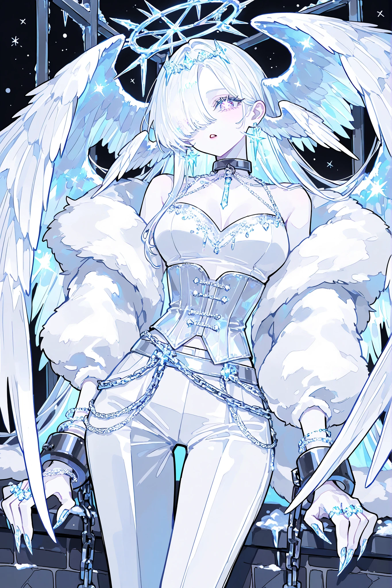 (ral-crystalz,glowing,xxx667_illu,) (feathered head wings, silver-white head wings,) The winged woman is angel. She has a mature bodybuilding with big breasts , thin waist and wide hips. She has sparkling white skin. She has fluffy feathered winged ears on her head. She has long diamond manicured claws. She has long white hair combed to one side and part of her long bang over one eye covers half of her face. She has white pearly eyes with starry sparkling star-like pupils. She has two huge mother-of-pearl angelic wings on her back. She has a winged tiara. She has a diamond halo above her head. She is dressed in a white outfit: a silver corset, bell-bottomed pearly white trousers, a silver belt with pendants, and a white short furry arctic fox fur coat. She has a lot of silver jewelry with large diamond earrings,crystal pendants on a silver choker, a bracelet, and rings with diamonds. (On the background: The starry night sky with big moon, imprisoned in a cell. a white silver chain, shackles and a collar. The white and silver bars of the prison, of the prison wall lined with black cobblestones, there is snow on the stone windowsill, icicles hang on the ceiling.)