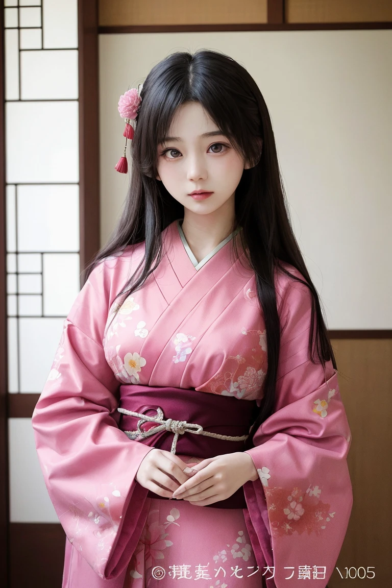 Masterpiece, Best quality, high resolution, venus1,1girll, Solo, Tsuko Kamodo, Bamboo, Brown hair, (((Pink ribbon)) ，Long hair, Looking at the audience, Pink eyes, Pink kimono, Pink ribbon, Solo,