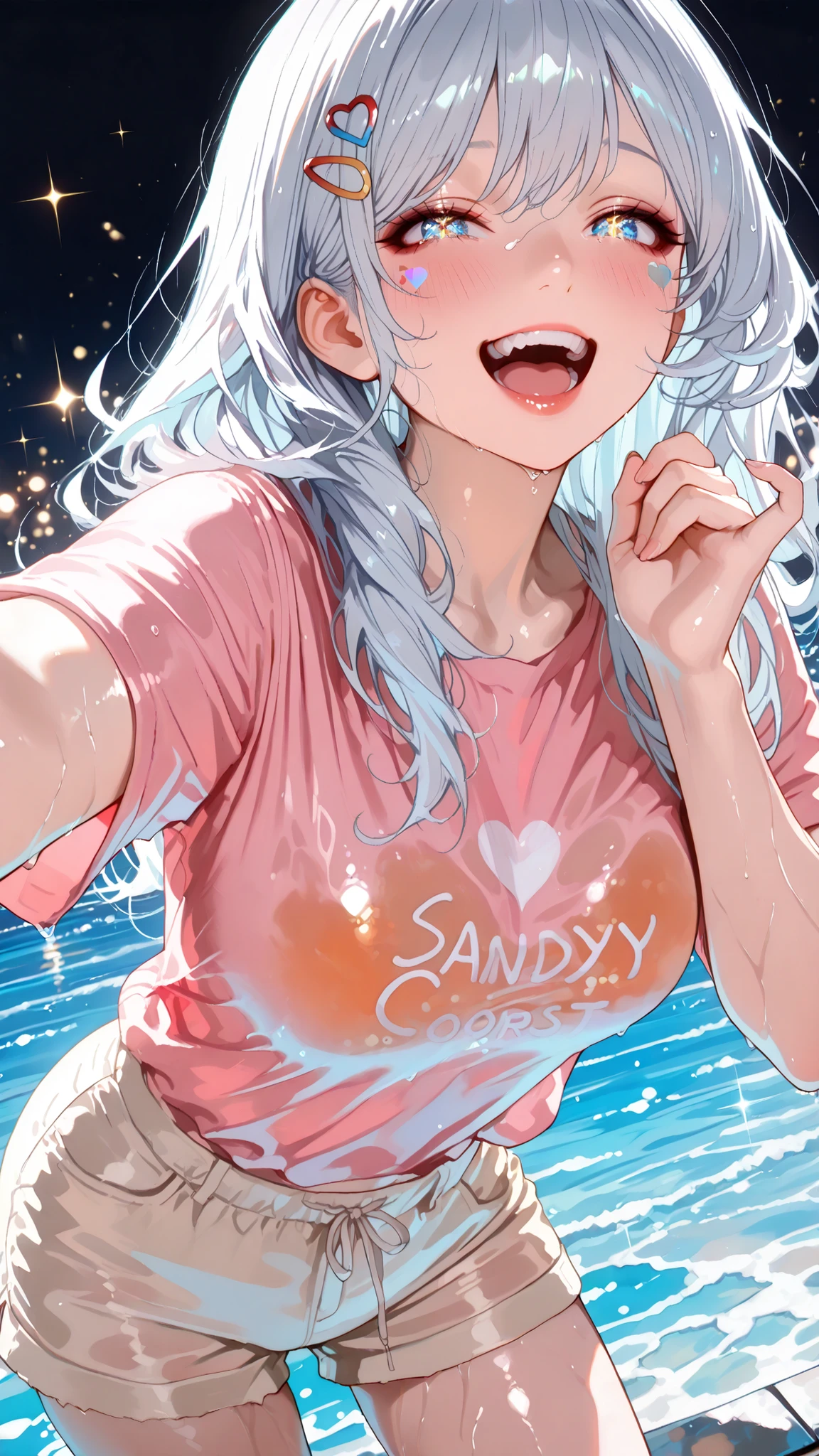 One beautiful girl,((Beautiful colored light, Sandy coast:1.4)), Sparkle in the eyes, Glossy lips, slender body, Sensual Body, 4 fingers, (pinky out , laughing, showing teeth), Beautiful skin that repels water, standing quietly surrounded by natural light, High Quality, Realistic Portraits, realistic texture, accurate depiction, Deep Focus,Brilliant Colors, Grace, elegant atmosphere, light blue hair, long hair, Heart hair clip, pink t-shirt, beige shorts, Wet, 